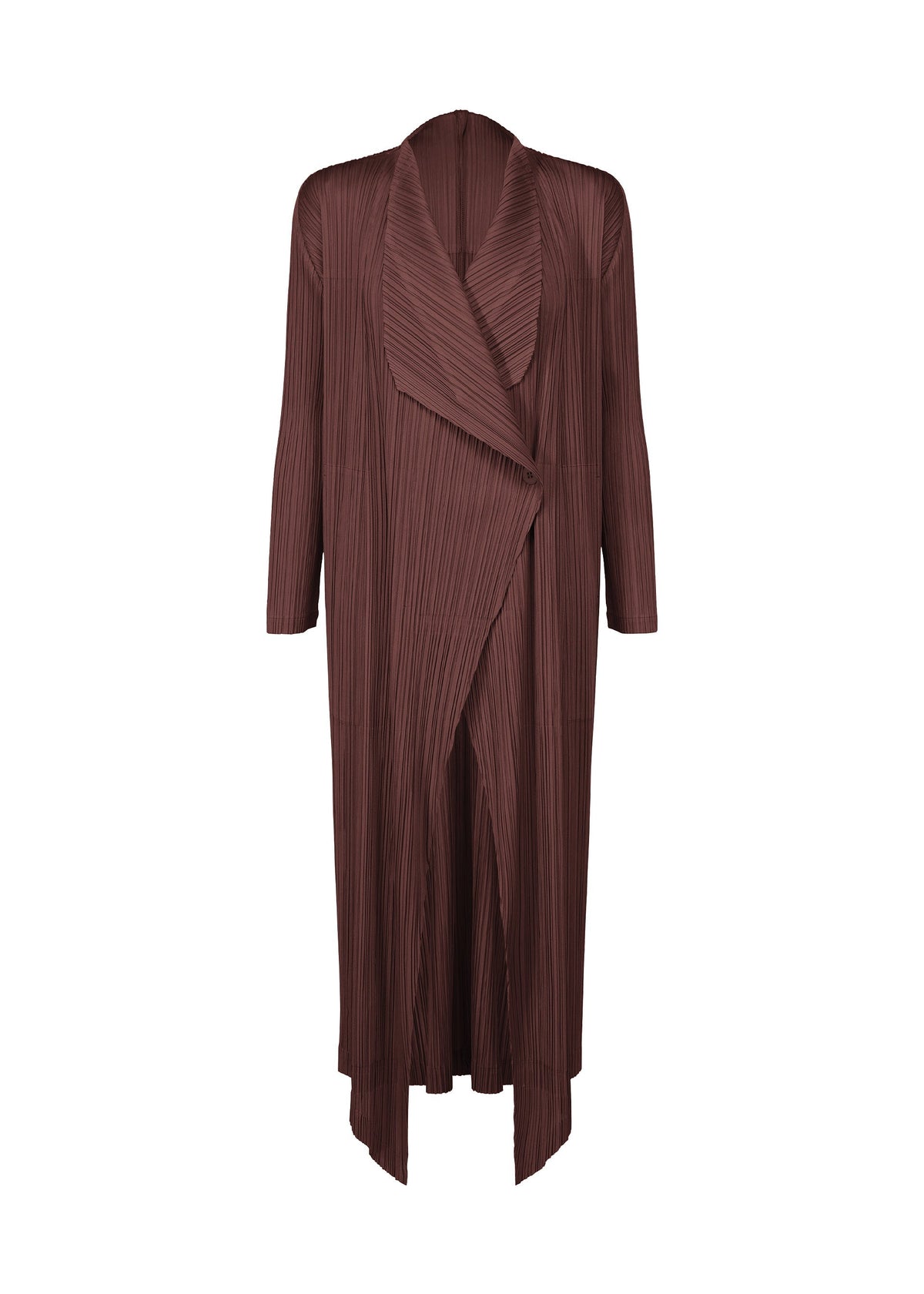 The MONTHLY COLORS : JANUARY coat by PLEATS PLEASE ISSEY MIYAKE is a long, brown, pleated piece with an open front, draped waterfall collar, and long sleeves. Its lightweight textured fabric creates sleek vertical lines for a chic layered look. view 3 of 10