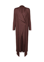 The MONTHLY COLORS : JANUARY coat by PLEATS PLEASE ISSEY MIYAKE is a long, brown, pleated piece with an open front, draped waterfall collar, and long sleeves. Its lightweight textured fabric creates sleek vertical lines for a chic layered look. - BORDEAUX （no.84）