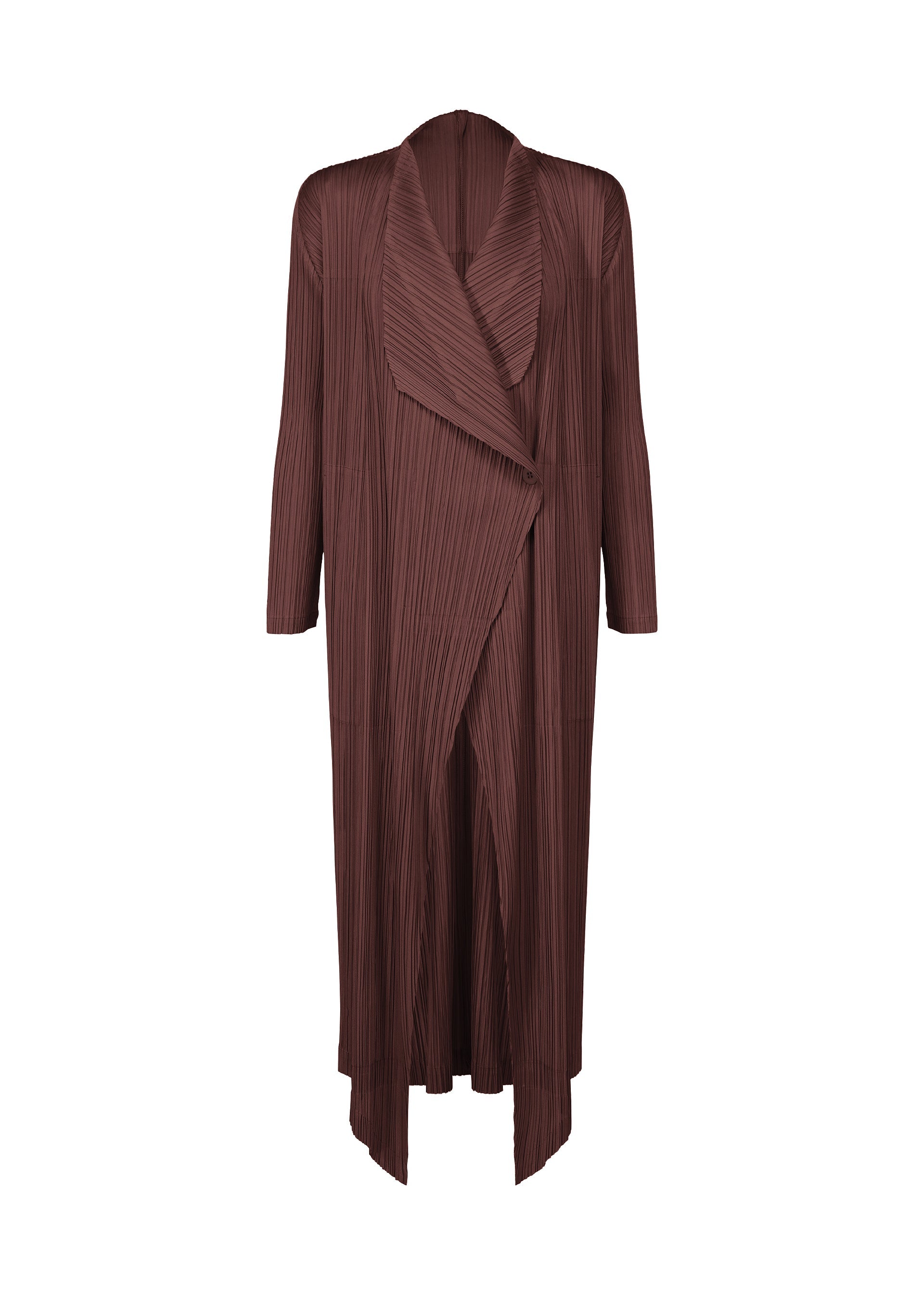 Zoomed view The MONTHLY COLORS : JANUARY coat by PLEATS PLEASE ISSEY MIYAKE is a long, brown, pleated piece with an open front, draped waterfall collar, and long sleeves. Its lightweight textured fabric creates sleek vertical lines for a chic layered look. - BORDEAUX （no.84）