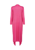 The MONTHLY COLORS : JANUARY by PLEATS PLEASE ISSEY MIYAKE is a bright pink, long pleated coat with long sleeves, an open front, and an asymmetrical hem, shown from the back.