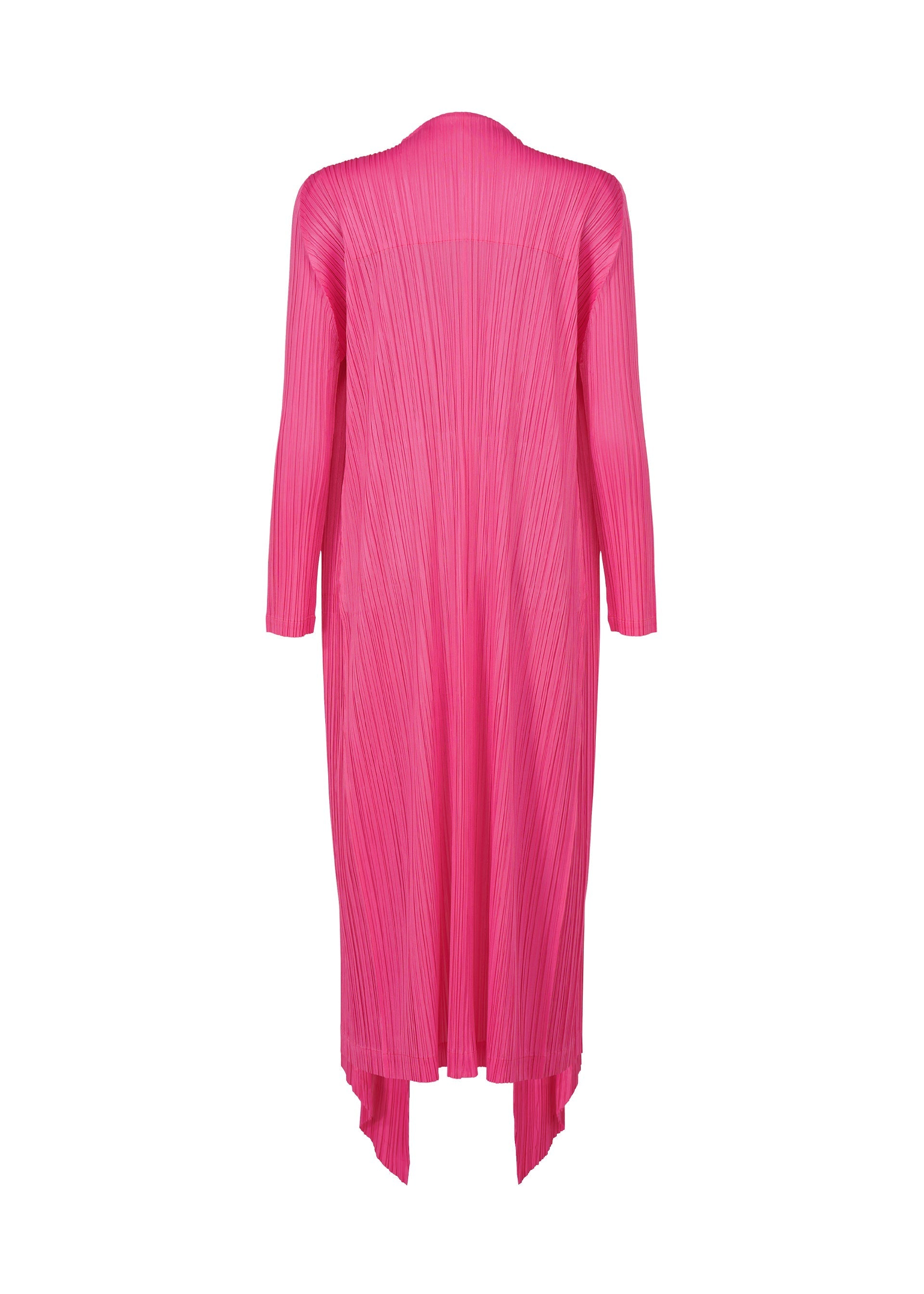 Zoomed view The MONTHLY COLORS : JANUARY by PLEATS PLEASE ISSEY MIYAKE is a bright pink, long pleated coat with long sleeves, an open front, and an asymmetrical hem, shown from the back.
