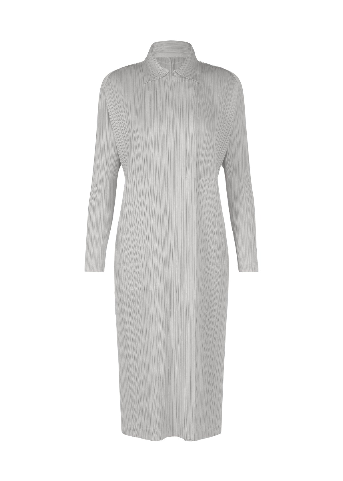 A light gray, long-sleeved, knee-length pleated dress with a high collar and straight silhouette from PLEATS PLEASE ISSEY MIYAKE's MONTHLY COLORS : FEBRUARY collection, shown on a white background. view 2 of 12