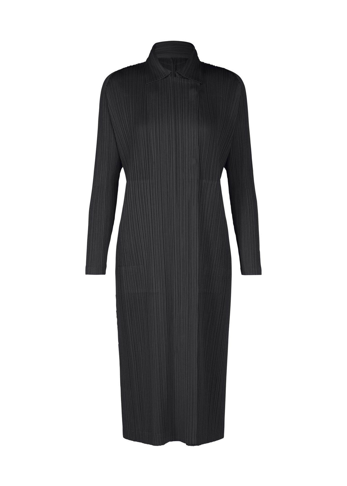 A black, long-sleeved, knee-length dress with a straight silhouette and subtle pleats from PLEATS PLEASE ISSEY MIYAKE's MONTHLY COLORS : FEBRUARY, shown against a white background. view 3 of 12