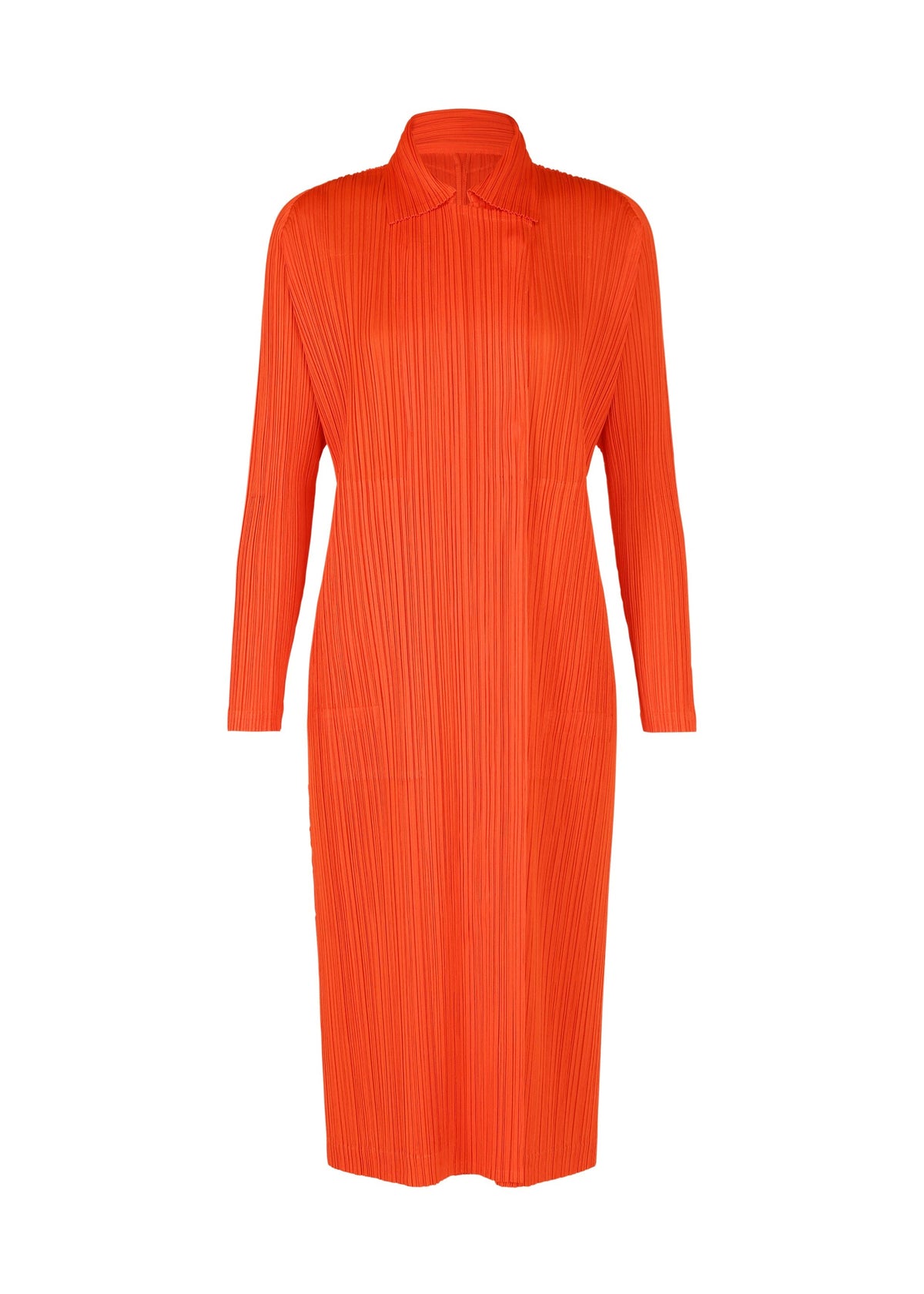 The MONTHLY COLORS : FEBRUARY dress by PLEATS PLEASE ISSEY MIYAKE is a long-sleeved, knee-length orange piece with pleated texture and a collared neckline, shown against a white background. view 5 of 12