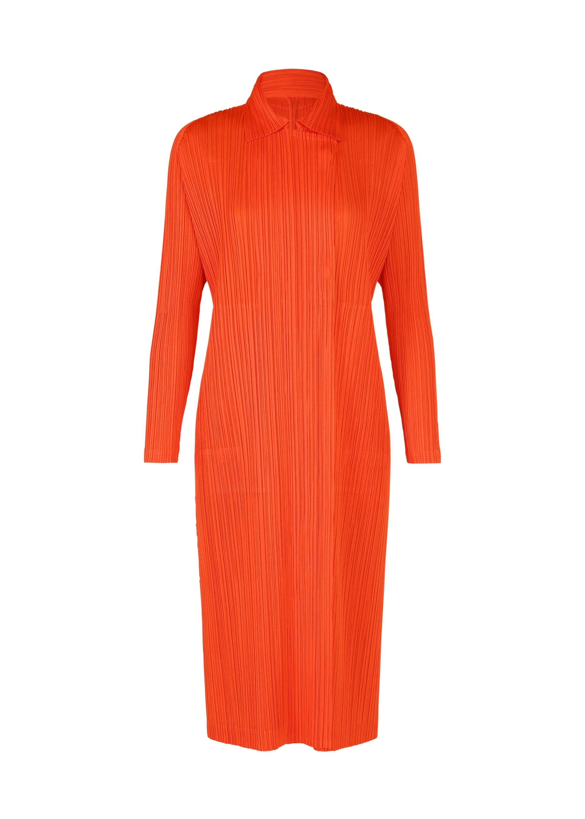 Zoomed view The MONTHLY COLORS : FEBRUARY dress by PLEATS PLEASE ISSEY MIYAKE is a long-sleeved, knee-length orange piece with pleated texture and a collared neckline, shown against a white background. - RED （no.24）