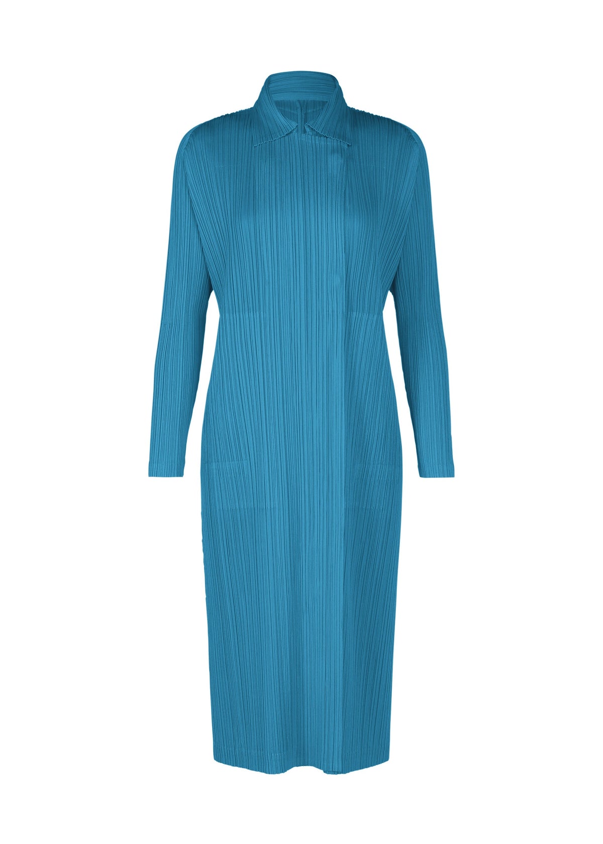 A teal blue, long-sleeved, knee-length pleated dress with a high collar from the MONTHLY COLORS : FEBRUARY series by PLEATS PLEASE ISSEY MIYAKE, shown against a white background. view 4 of 12