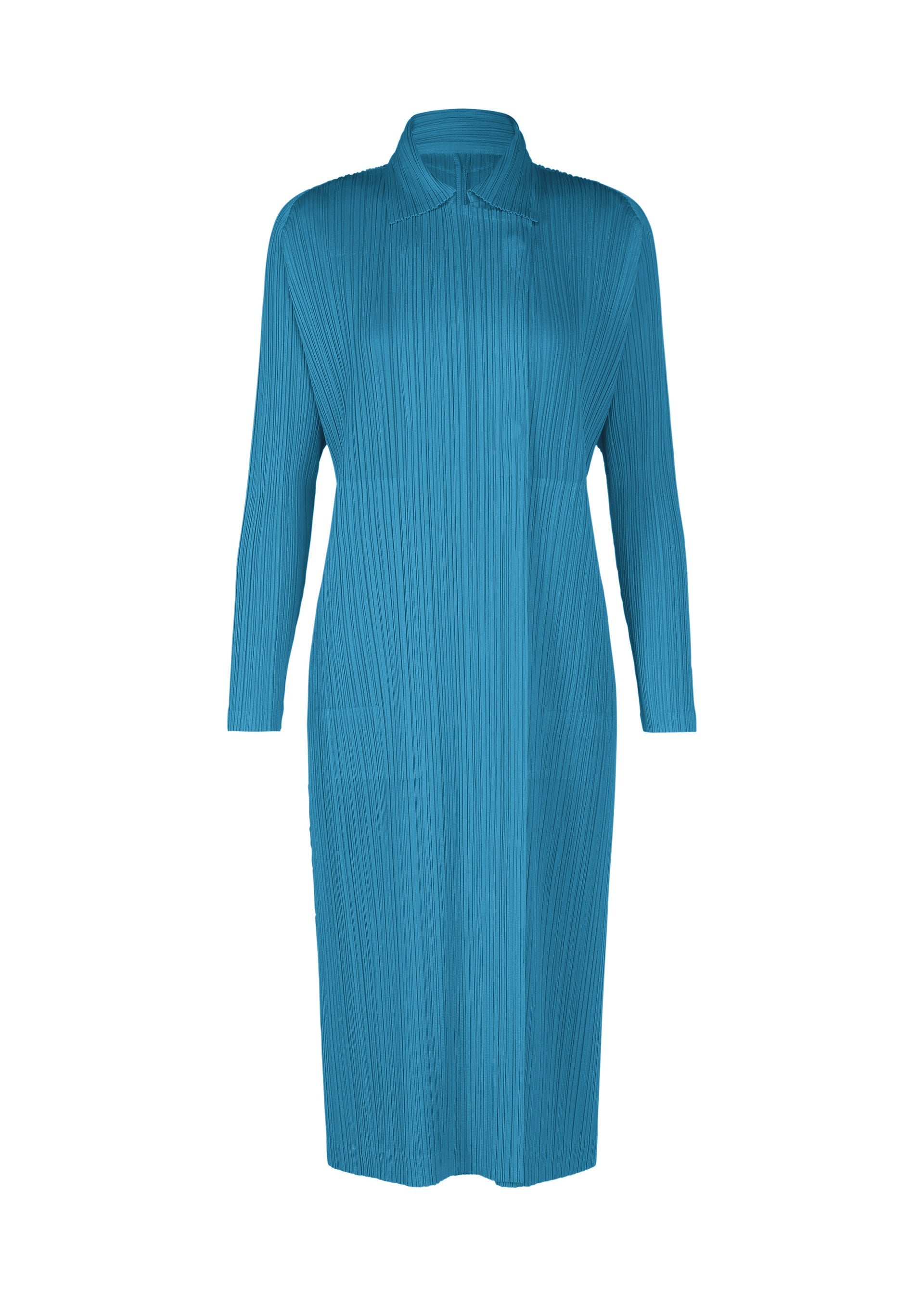 Zoomed view A teal blue, long-sleeved, knee-length pleated dress with a high collar from the MONTHLY COLORS : FEBRUARY series by PLEATS PLEASE ISSEY MIYAKE, shown against a white background. - DEEP BLUE （no.76）