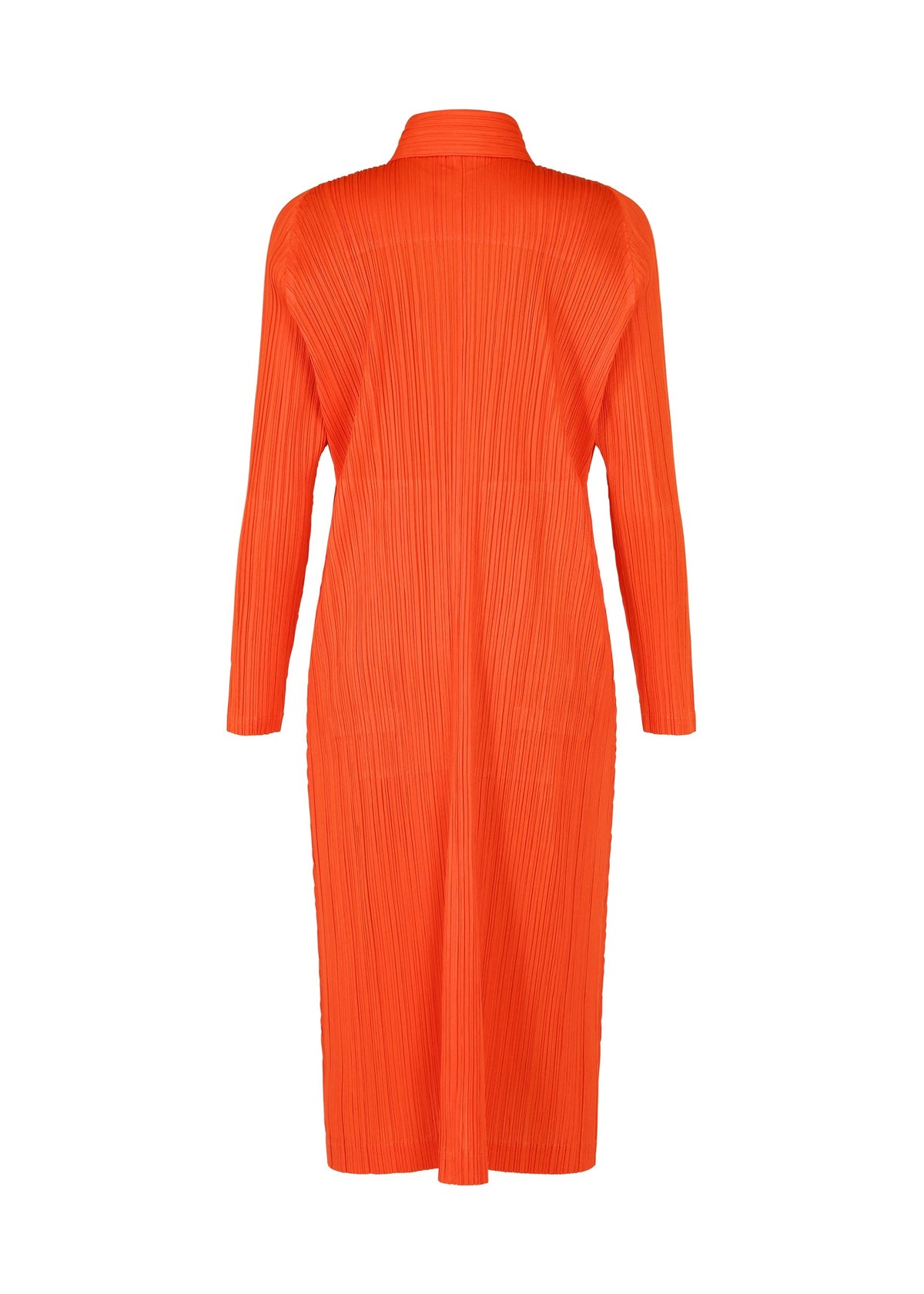 Featuring a bright orange, long-sleeved, midi-length dress with pleated texture and high collar from the MONTHLY COLORS : FEBRUARY collection by PLEATS PLEASE ISSEY MIYAKE, shown from the back against a plain white background. view 6 of 12