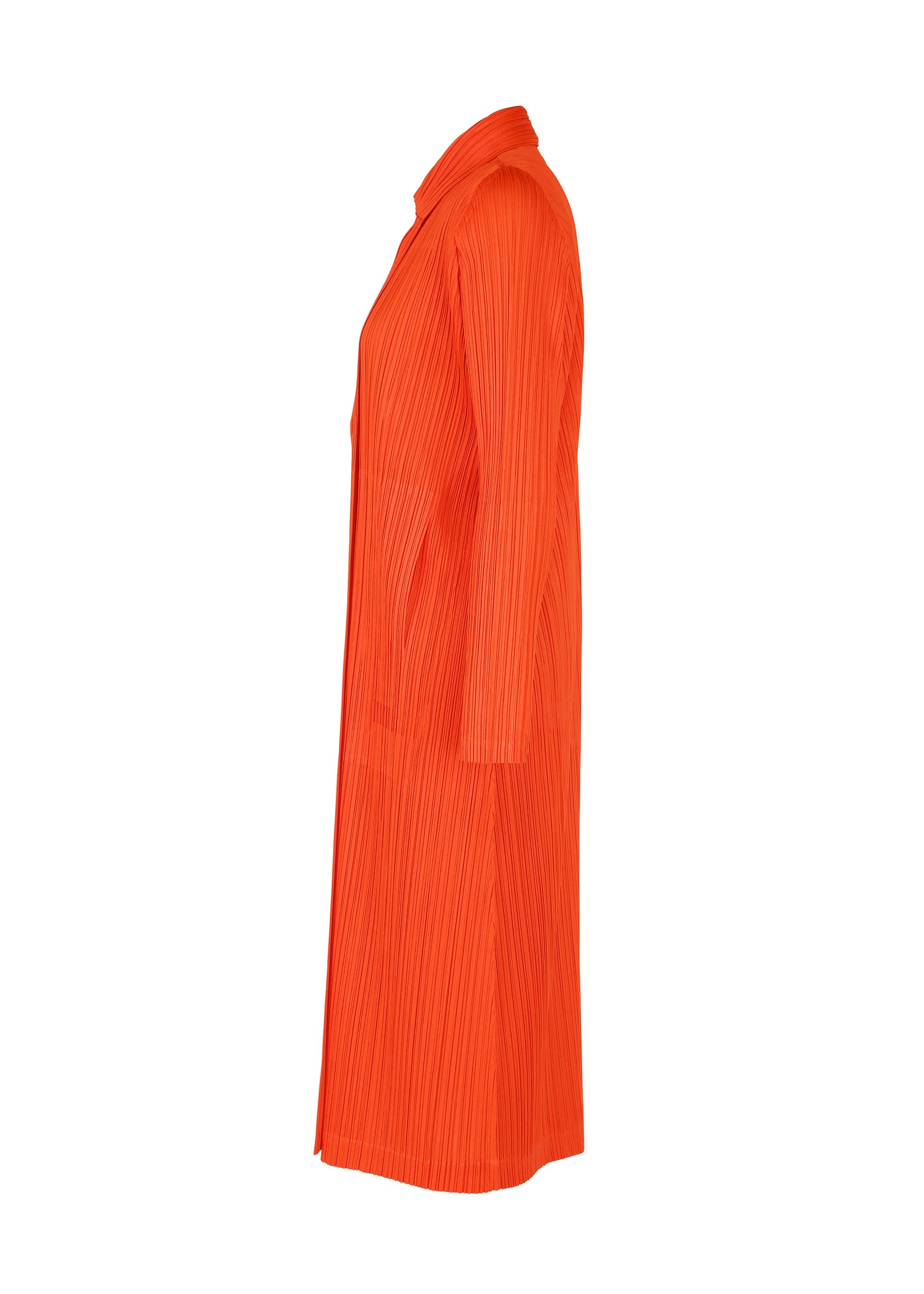 Zoomed view The PLEATS PLEASE ISSEY MIYAKE MONTHLY COLORS : FEBRUARY is a bright orange, long collared coat with pleated details and long sleeves, featuring a straight silhouette and relaxed fit, shown from the side against a white background.