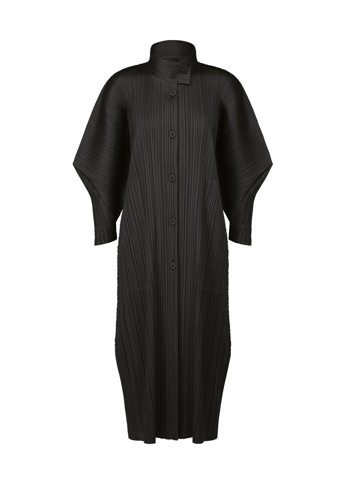 The SKYLINE coat dress by PLEATS PLEASE ISSEY MIYAKE features a long black silhouette with a standing collar, button-down front, wide dolman sleeves, and textured fabric with vertical and diagonal pleats throughout. view 2 of 9
