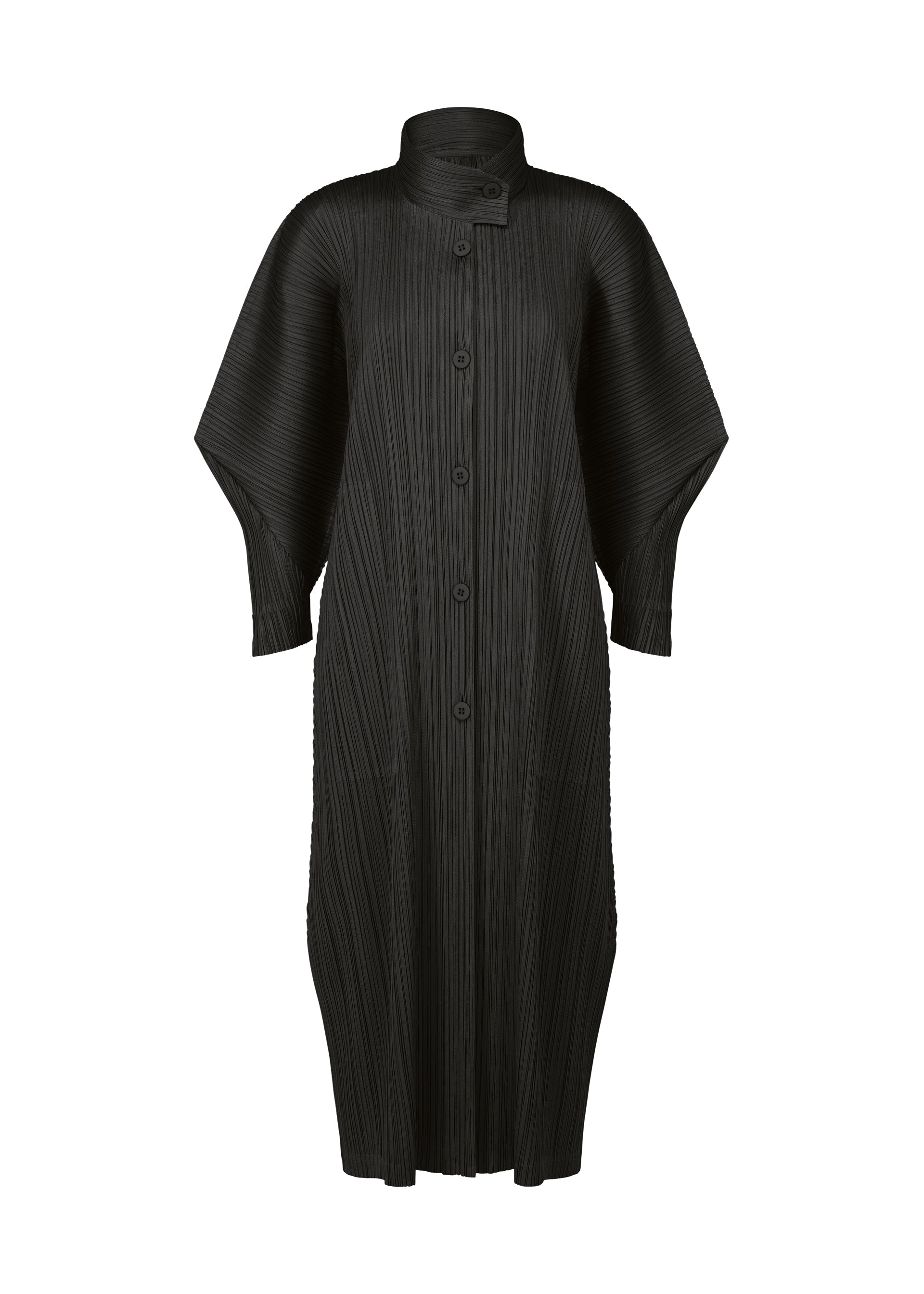 Zoomed view The SKYLINE coat dress by PLEATS PLEASE ISSEY MIYAKE features a long black silhouette with a standing collar, button-down front, wide dolman sleeves, and textured fabric with vertical and diagonal pleats throughout. - BLACK （no.15）