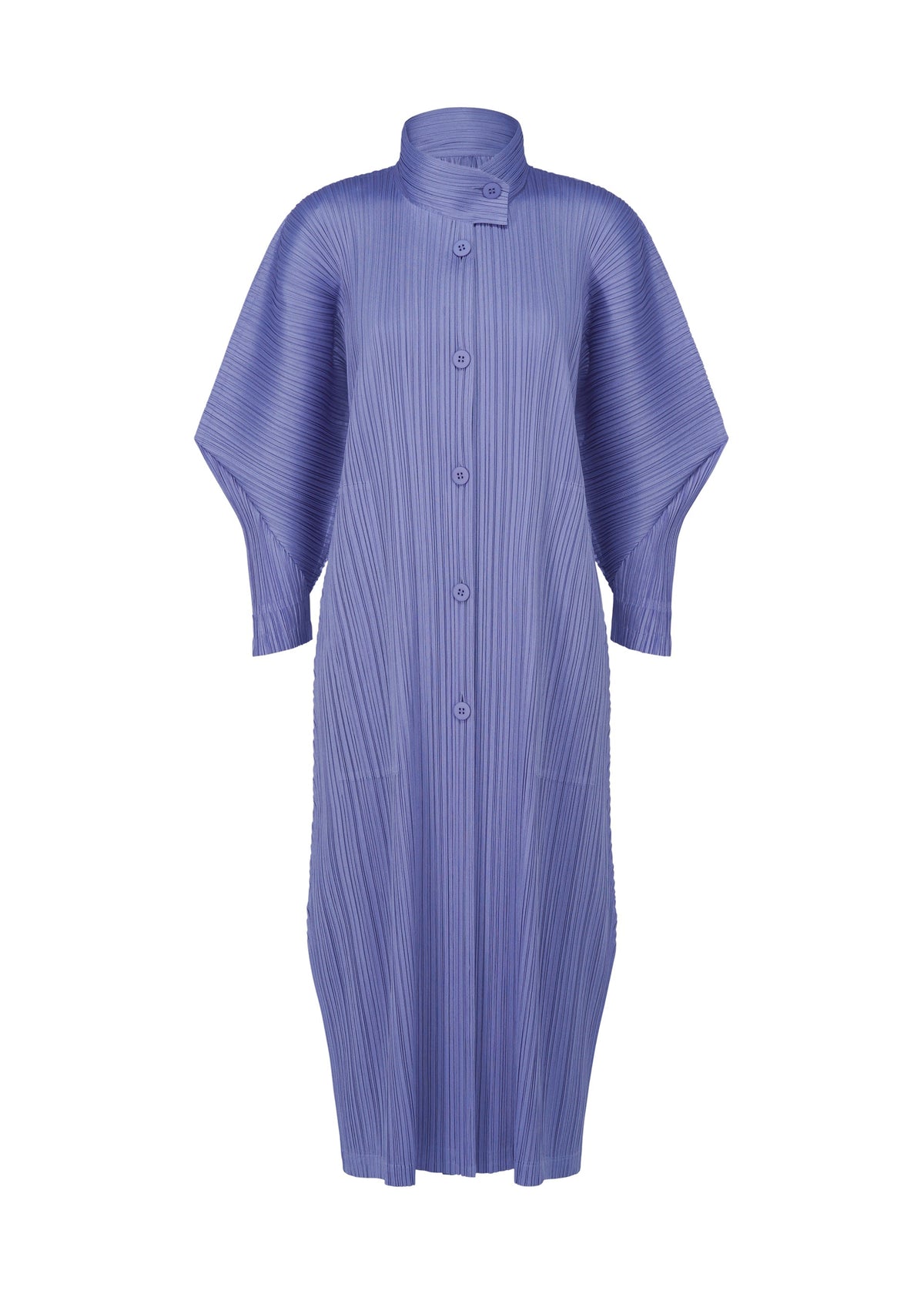 The SKYLINE dress from PLEATS PLEASE ISSEY MIYAKE features elegant dolman sleeves and a blue design on a white background for a modern touch. view 3 of 9