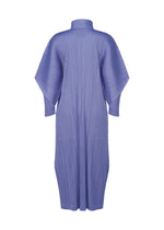 The SKYLINE dress by PLEATS PLEASE ISSEY MIYAKE is a lavender, loose-fitting midi dress with wide sleeves and a standing collar, displayed on a white background. The back view showcases its vertical pleat detailing.