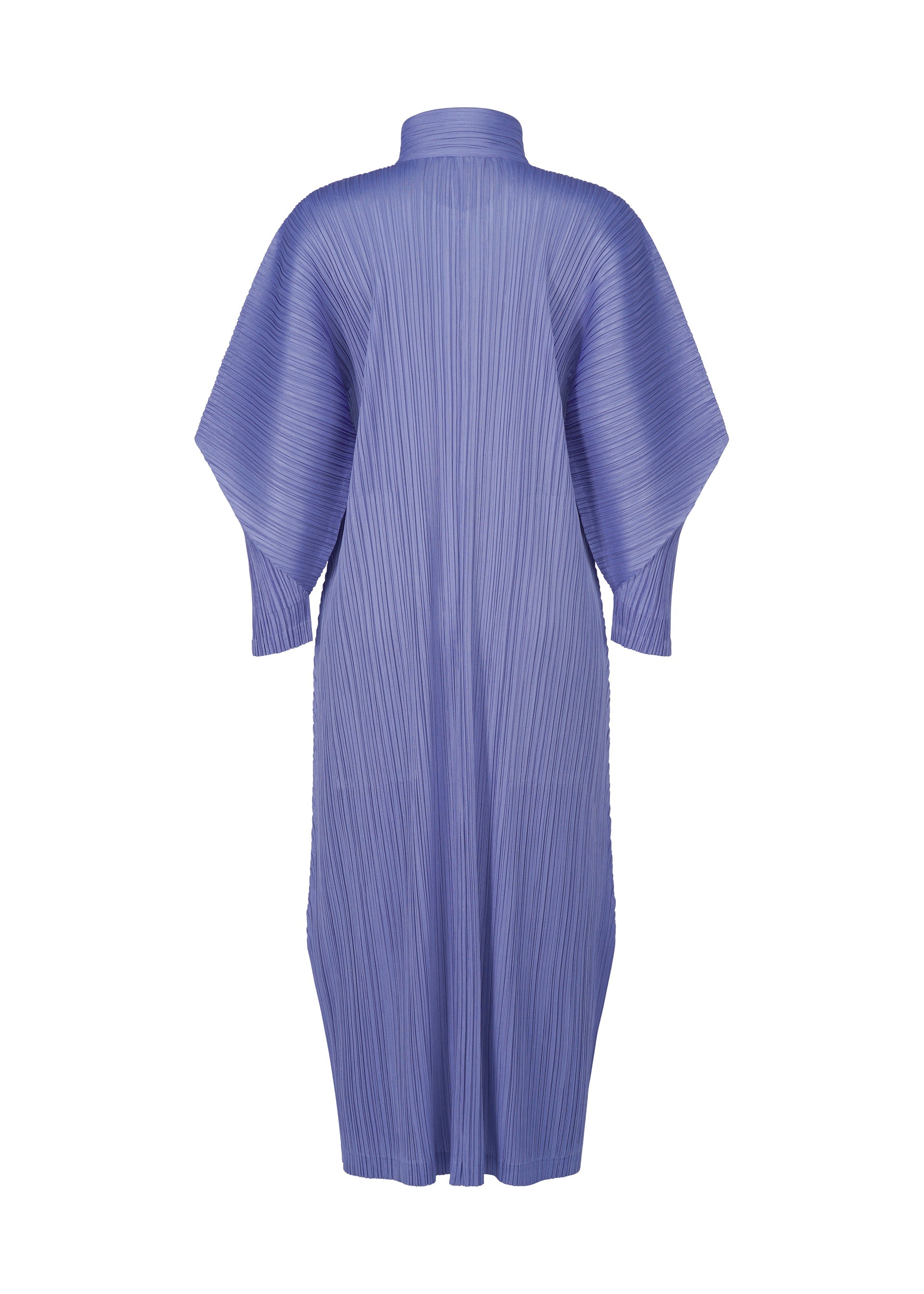 Zoomed view The SKYLINE dress by PLEATS PLEASE ISSEY MIYAKE is a lavender, loose-fitting midi dress with wide sleeves and a standing collar, displayed on a white background. The back view showcases its vertical pleat detailing.