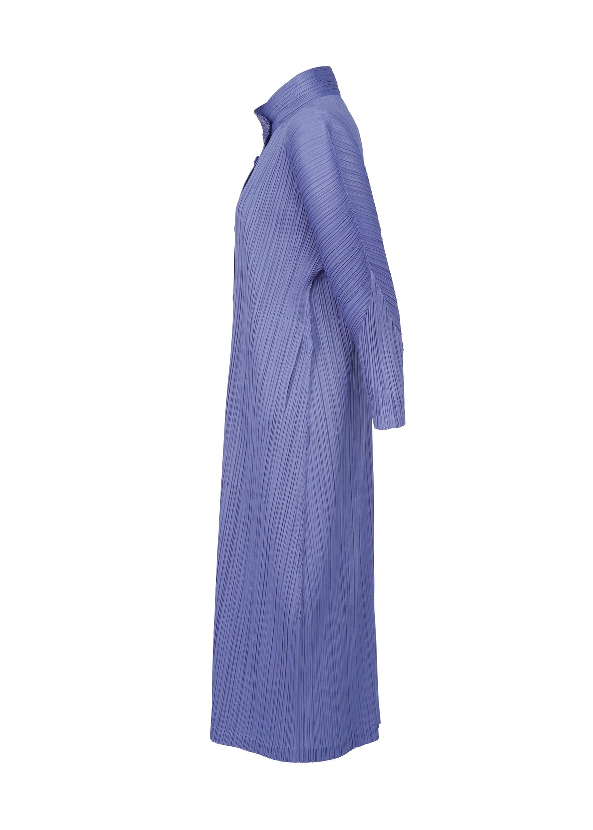 The SKYLINE dress by PLEATS PLEASE ISSEY MIYAKE is a light purple, long-sleeved, knee-length design with a standing collar and vertical pleats, shown in side view against a white background. view 5 of 9