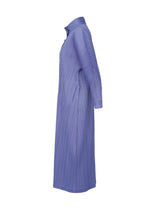 The SKYLINE dress by PLEATS PLEASE ISSEY MIYAKE is a light purple, long-sleeved, knee-length design with a standing collar and vertical pleats, shown in side view against a white background.