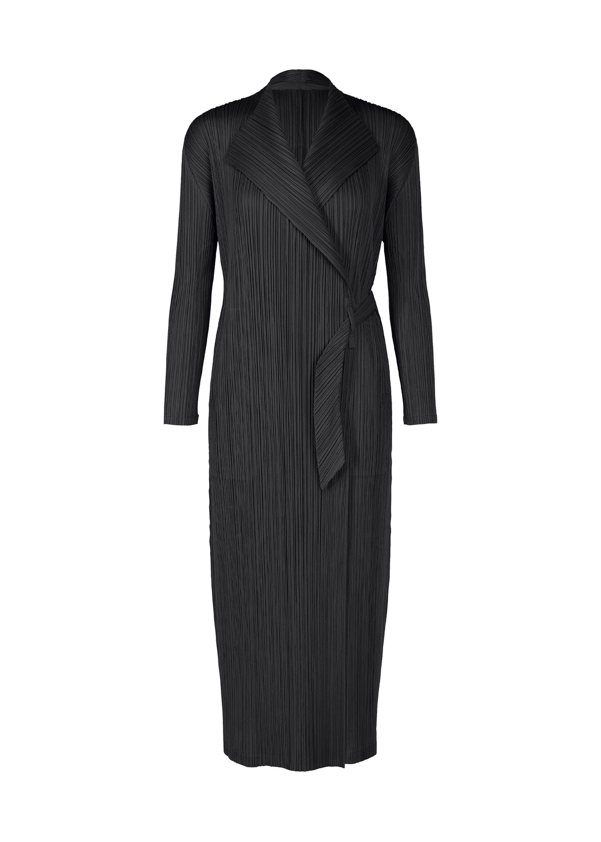 The FACADE dress by PLEATS PLEASE ISSEY MIYAKE is a black, long-sleeved, pleated wrap dress with a shawl collar and tie belt, featuring subtle cord details, shown against a plain white background. view 2 of 9