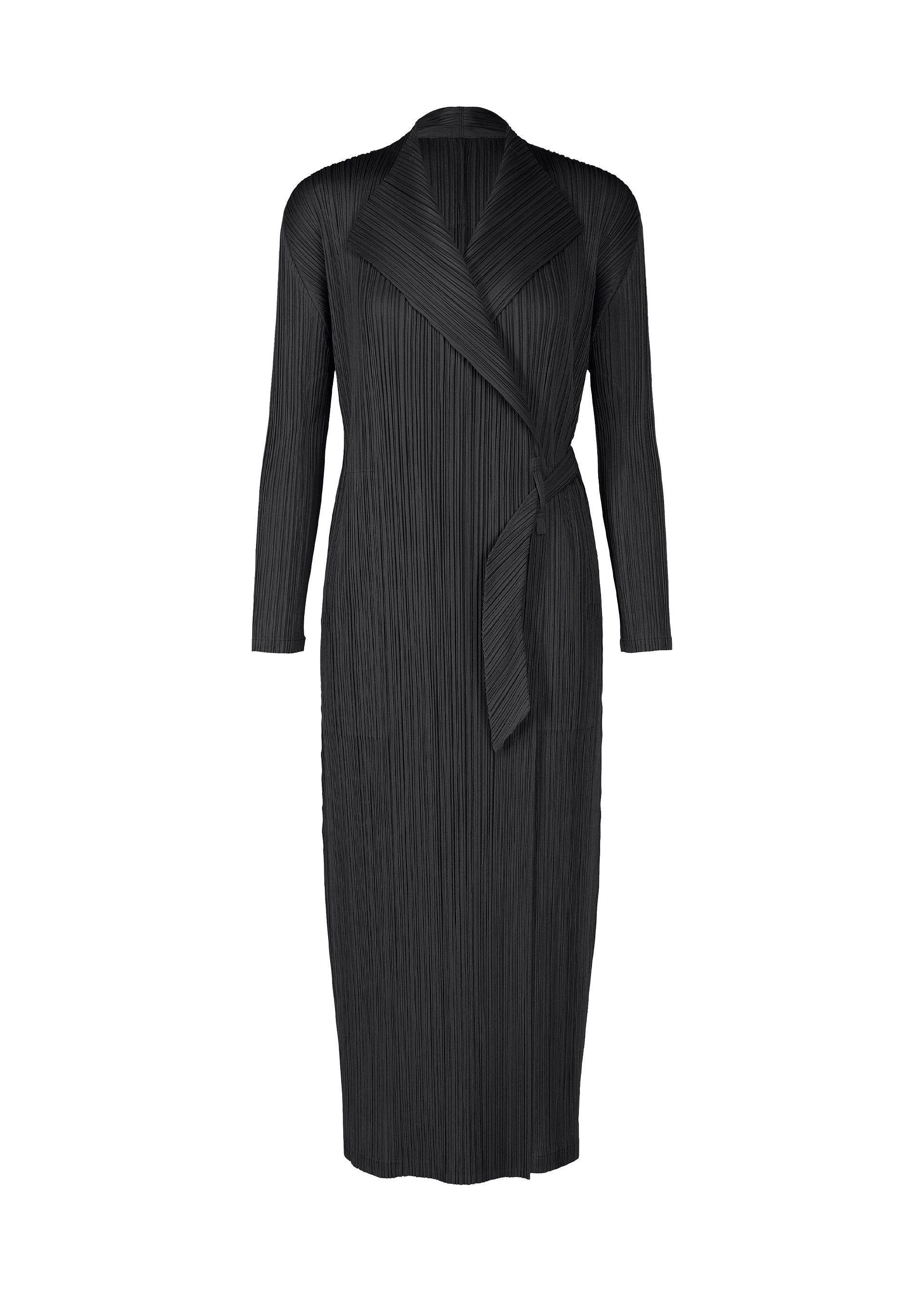 Zoomed view The FACADE dress by PLEATS PLEASE ISSEY MIYAKE is a black, long-sleeved, pleated wrap dress with a shawl collar and tie belt, featuring subtle cord details, shown against a plain white background. - BLACK （no.15）