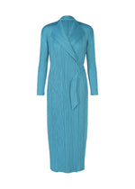 The FACADE dress by PLEATS PLEASE ISSEY MIYAKE is an ankle-length, long-sleeved blue coat dress with textured pleated fabric, a wide lapel collar, matching tie belt at the waist, and a subtle cord detail. - SAXE BLUE （no.77）