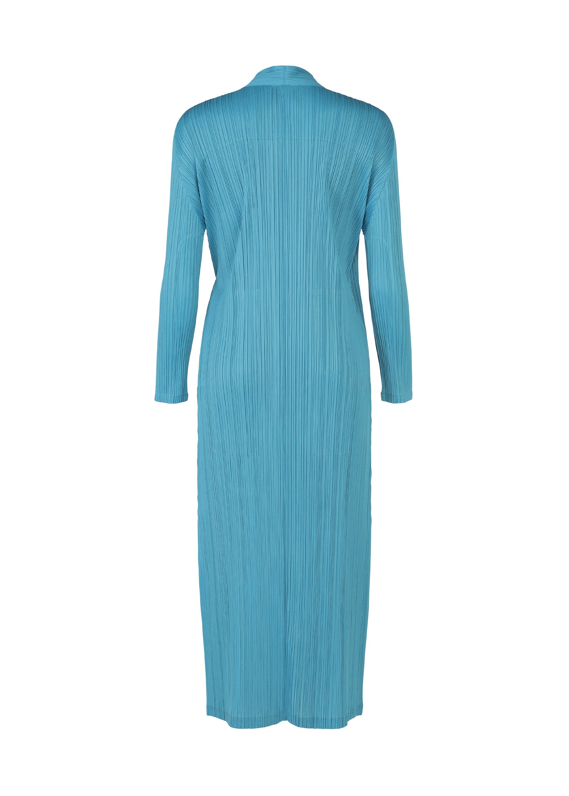Zoomed view Back view of the FACADE dress by PLEATS PLEASE ISSEY MIYAKE: an ankle-length, light blue pleated long-sleeve dress with subtle collar, straight hem, flowing textured fabric, and a relaxed fit inspired by a lightweight coat design.