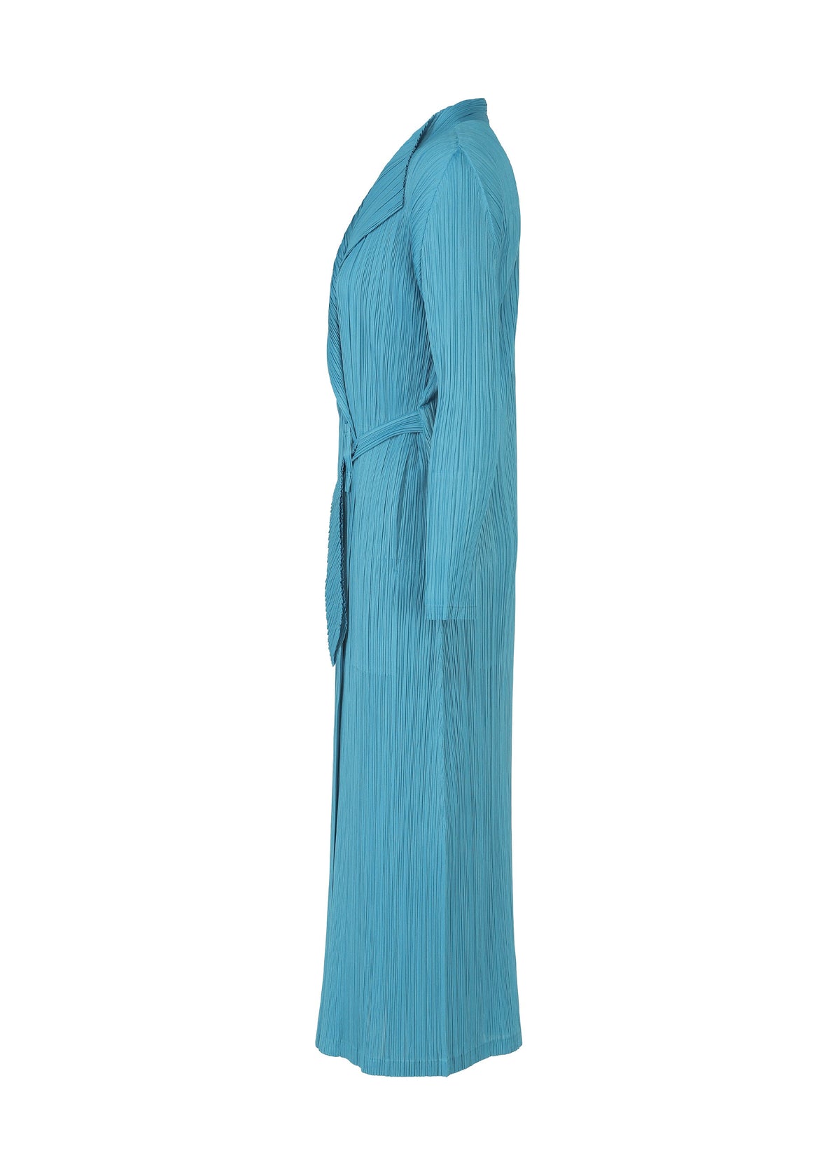 Side view of the FACADE long, light blue pleated robe by PLEATS PLEASE ISSEY MIYAKE, featuring a cord design belt at the waist and long sleeves, shown on a plain white background. view 5 of 9