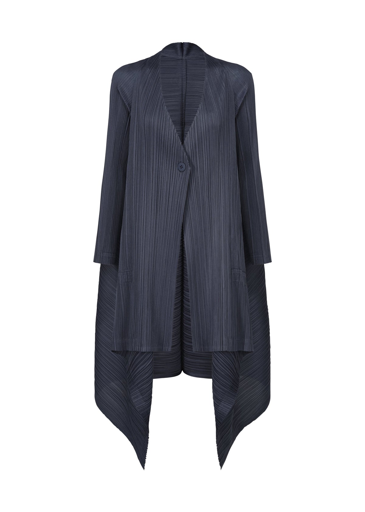 The CITY FRAME cardigan by PLEATS PLEASE ISSEY MIYAKE is a dark charcoal grey, pleated piece with long sleeves, a single front button, asymmetrical handkerchief hem, subtle sheen, and textured vertical stripes. view 2 of 6