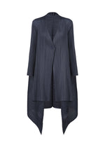 The CITY FRAME cardigan by PLEATS PLEASE ISSEY MIYAKE is a dark charcoal grey, pleated piece with long sleeves, a single front button, asymmetrical handkerchief hem, subtle sheen, and textured vertical stripes. - DARK NAVY （no.78）