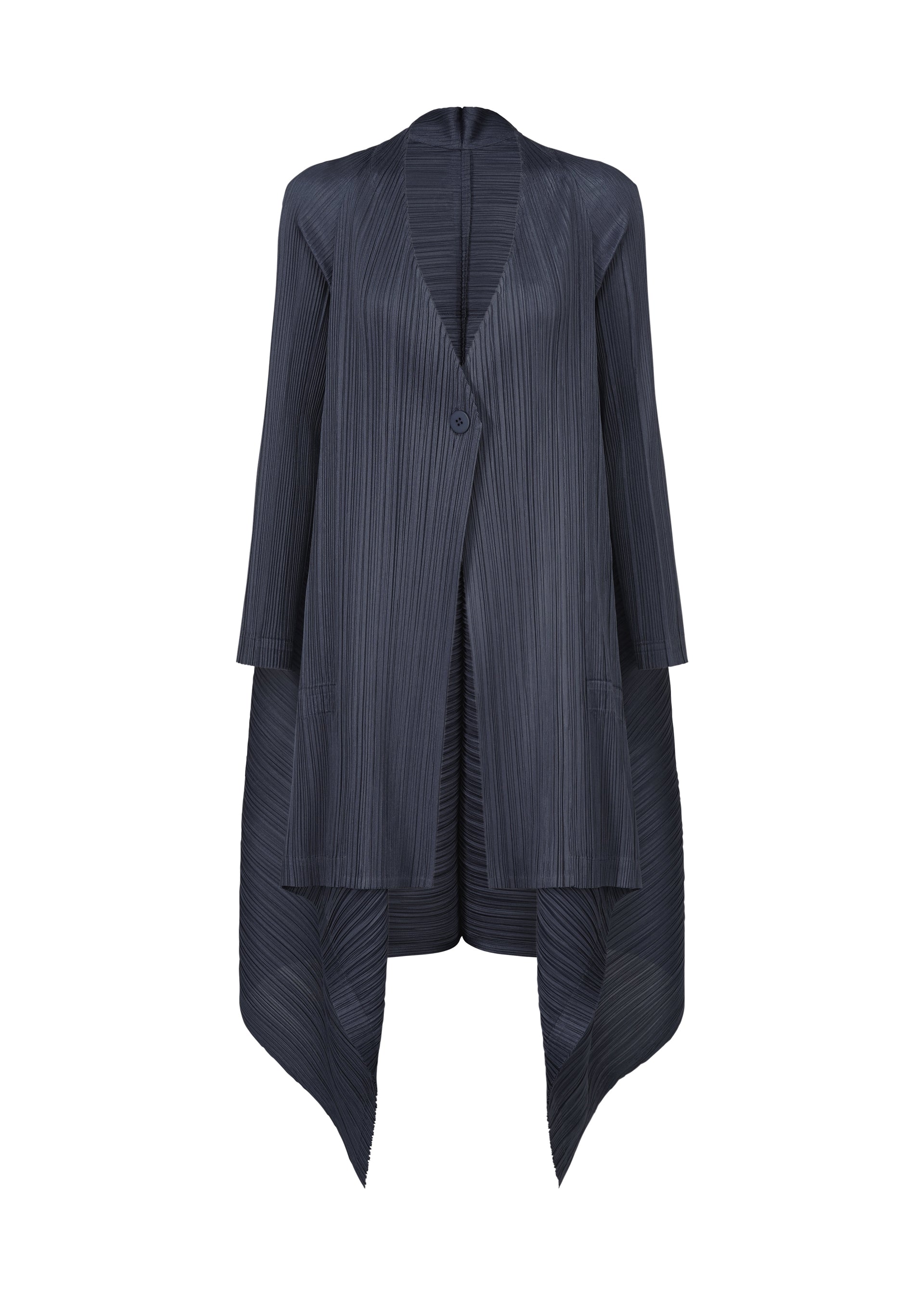 Zoomed view The CITY FRAME cardigan by PLEATS PLEASE ISSEY MIYAKE is a dark charcoal grey, pleated piece with long sleeves, a single front button, asymmetrical handkerchief hem, subtle sheen, and textured vertical stripes. - DARK NAVY （no.78）