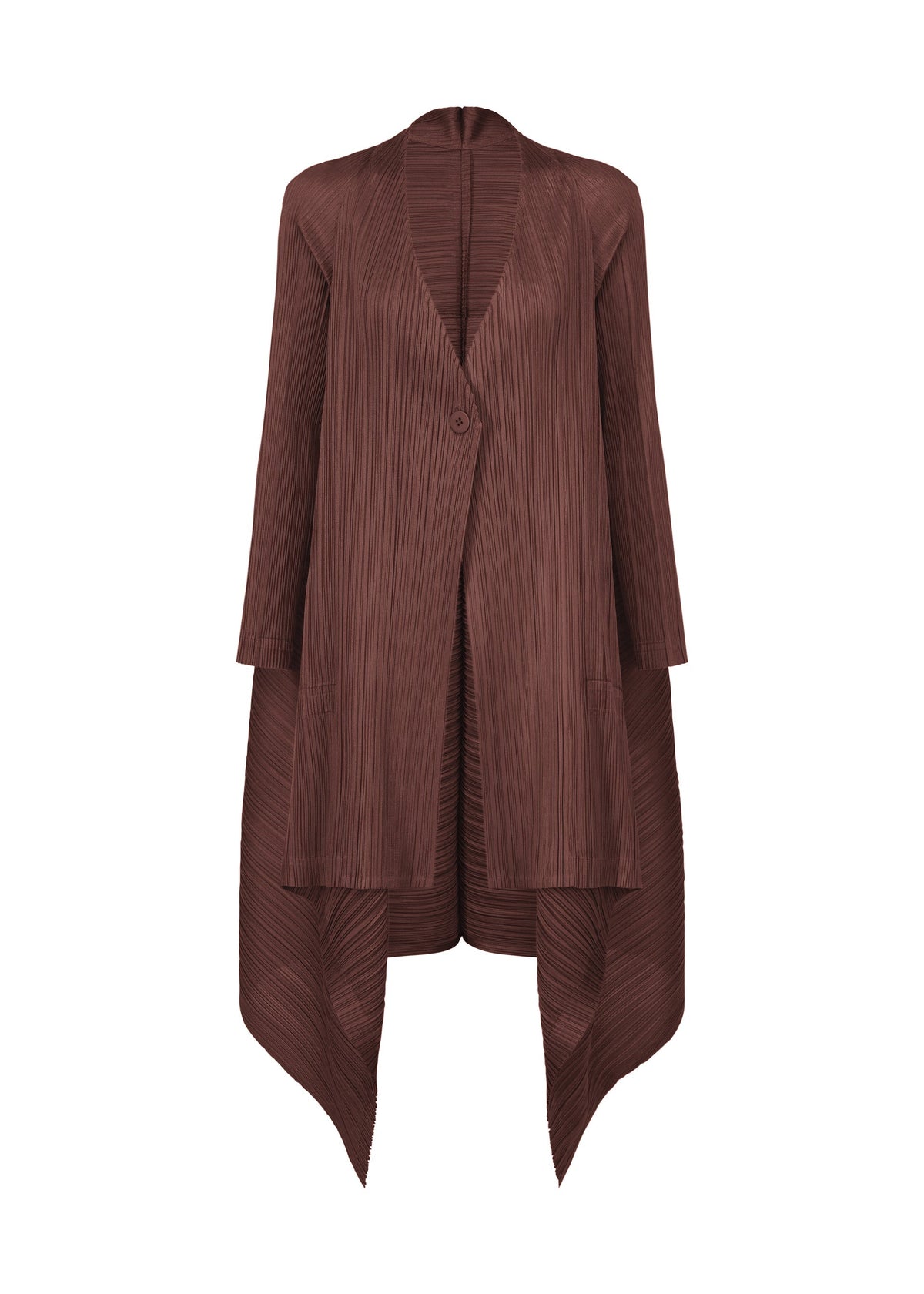 The CITY FRAME cardigan by PLEATS PLEASE ISSEY MIYAKE features long brown pleats, a single front button, long sleeves, textured fabric, and a draped asymmetrical hem for a modern, voluminous silhouette. view 3 of 6