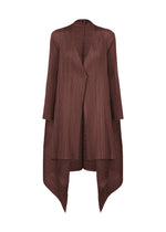 The CITY FRAME cardigan by PLEATS PLEASE ISSEY MIYAKE features long brown pleats, a single front button, long sleeves, textured fabric, and a draped asymmetrical hem for a modern, voluminous silhouette. - BORDEAUX （no.84）