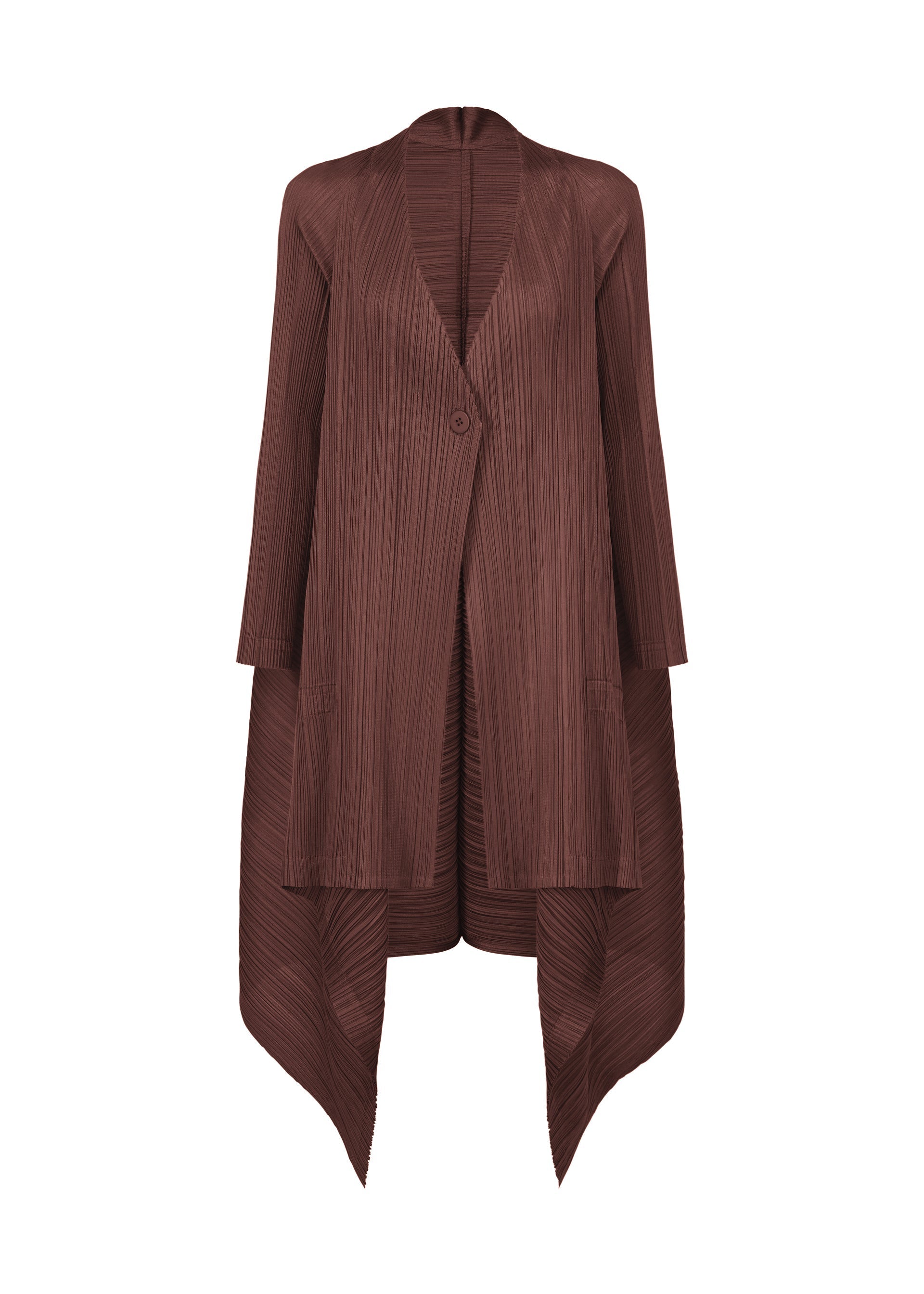 Zoomed view The CITY FRAME cardigan by PLEATS PLEASE ISSEY MIYAKE features long brown pleats, a single front button, long sleeves, textured fabric, and a draped asymmetrical hem for a modern, voluminous silhouette. - BORDEAUX （no.84）