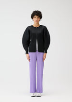A person faces forward against a white background, wearing the MONTHLY COLORS : APRIL pleated pants by PLEATS PLEASE ISSEY MIYAKE, paired with a black zipper jacket and white shoes.