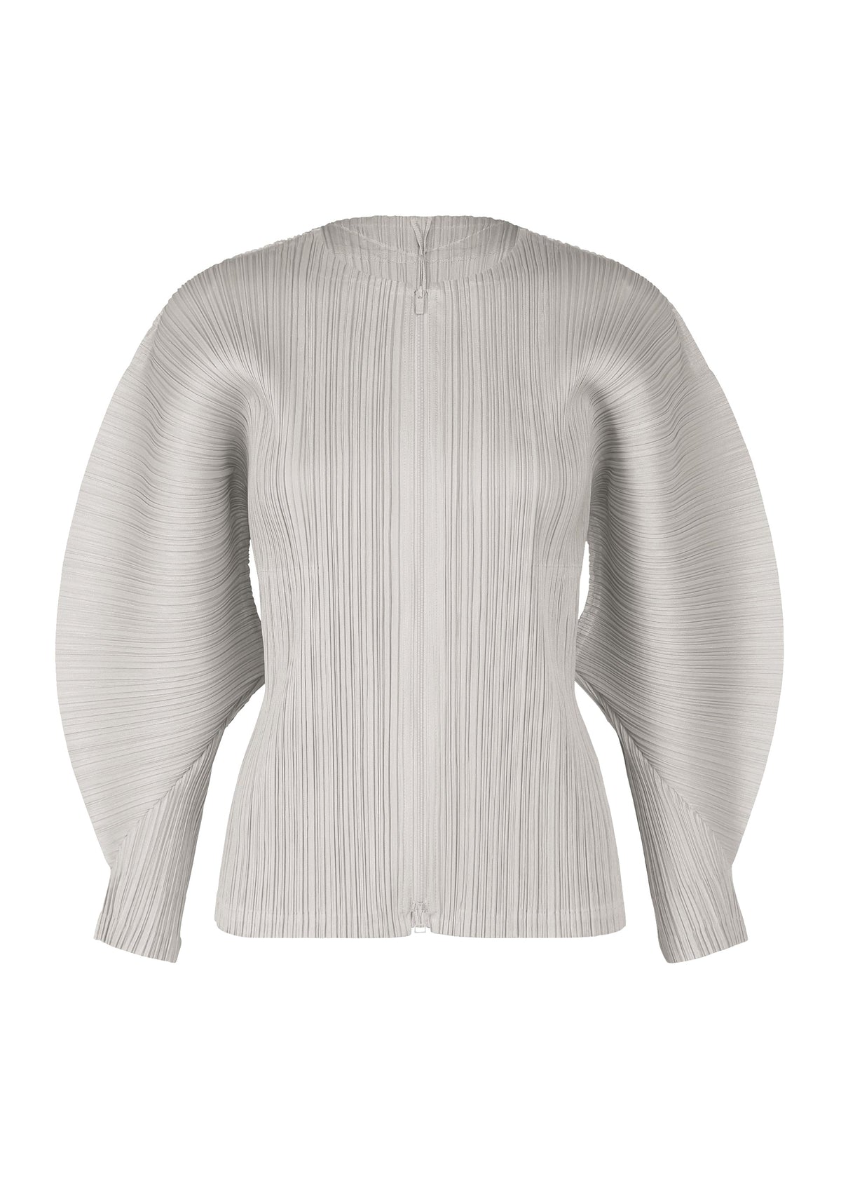 The MONTHLY COLORS : APRIL blouse by PLEATS PLEASE ISSEY MIYAKE features light gray, long pleated dolman sleeves, a fitted pleated bodice, and a round neckline with a button closure at the back in soft hues. view 1 of 11