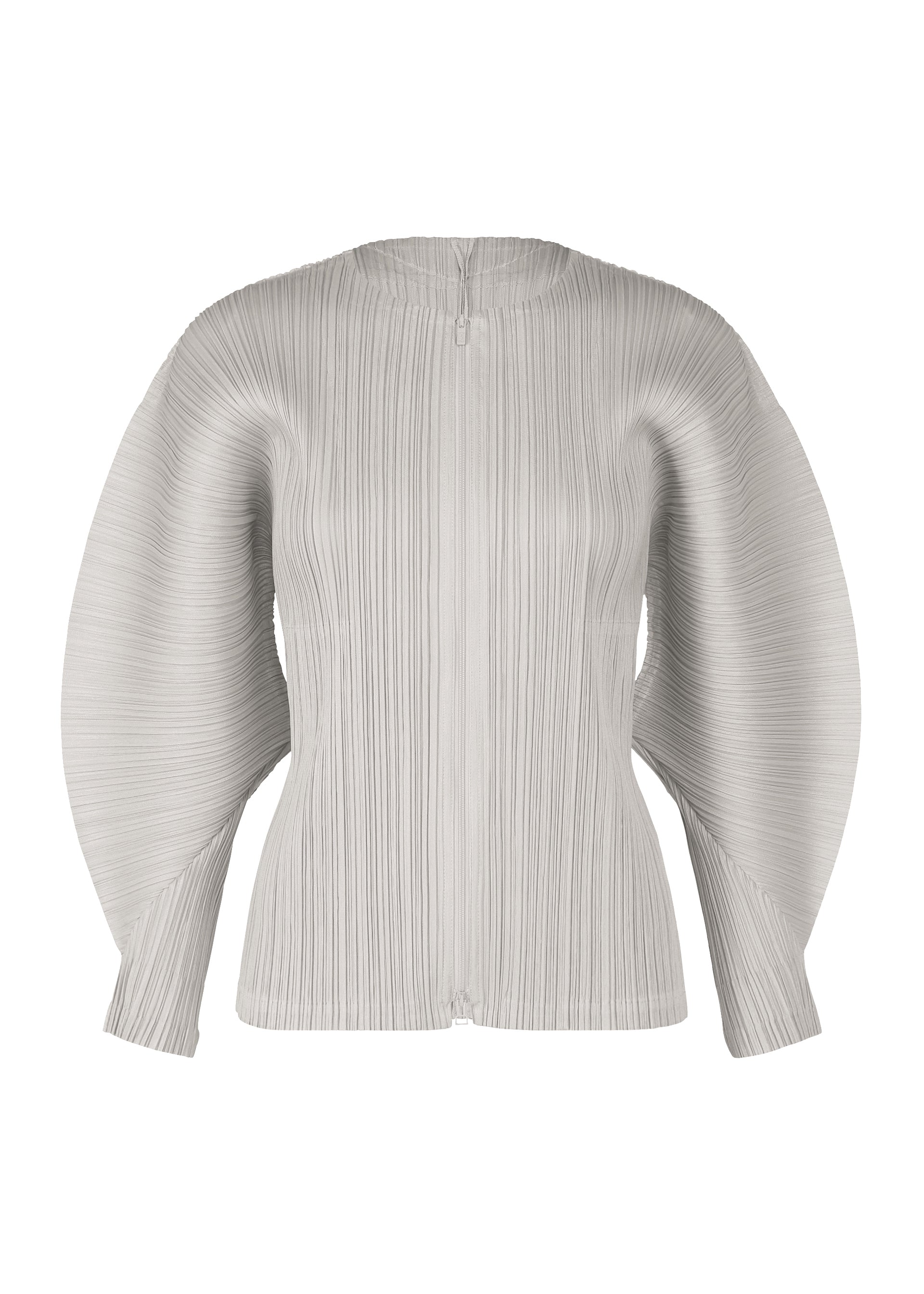Zoomed view The MONTHLY COLORS : APRIL blouse by PLEATS PLEASE ISSEY MIYAKE features light gray, long pleated dolman sleeves, a fitted pleated bodice, and a round neckline with a button closure at the back in soft hues. - COOL GRAY （no.11）