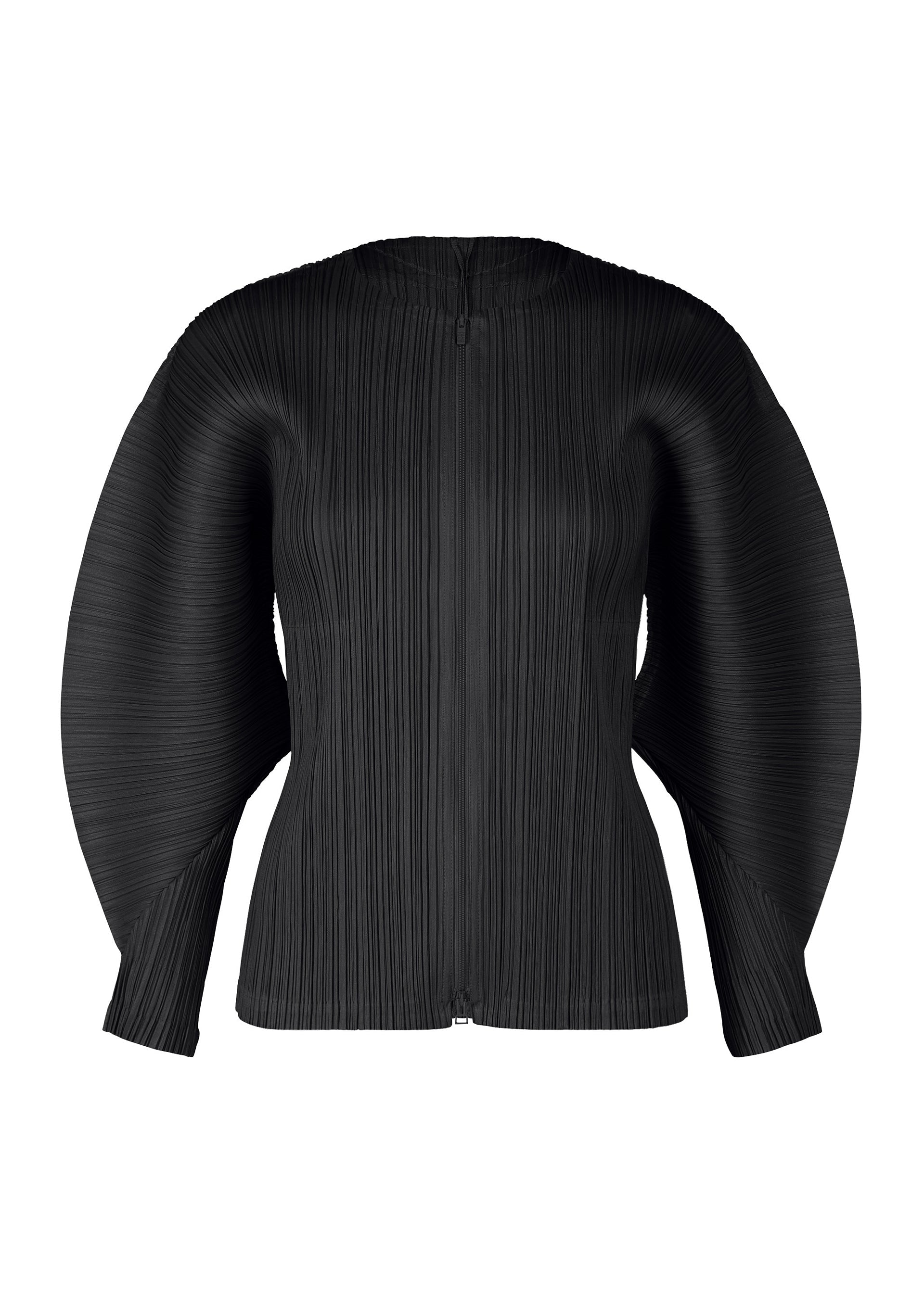 Zoomed view The MONTHLY COLORS : APRIL top by PLEATS PLEASE ISSEY MIYAKE is a black, long-sleeved piece with vertical pleats and bold dolman sleeves, featuring structured fabric for a sculptural, modern look. - BLACK （no.15）