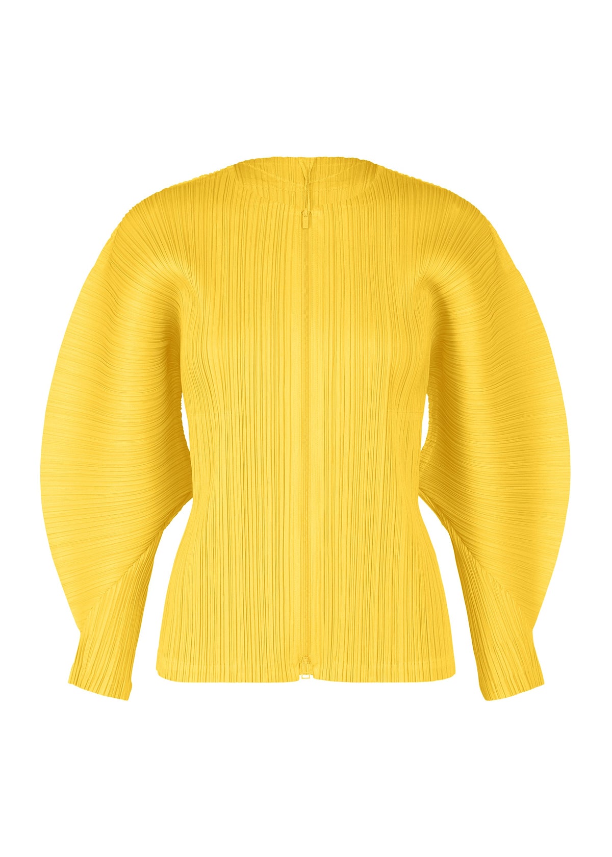 The MONTHLY COLORS : APRIL blouse by PLEATS PLEASE ISSEY MIYAKE features a bright yellow hue, vertical pleats, dolman sleeves, a fitted waist, and front zipper for a sculptural, elegant look in fresh light colors. view 3 of 11