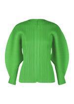 The MONTHLY COLORS : APRIL blouse by PLEATS PLEASE ISSEY MIYAKE is a vibrant green, long-sleeved top with exaggerated dolman sleeves and sculptural pleated texture, shown against a white background. - GREEN （no.62）