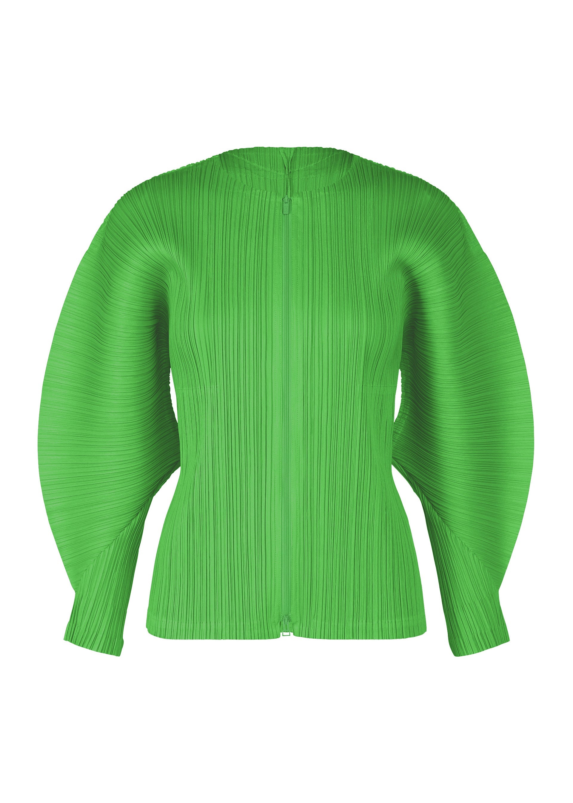 Zoomed view The MONTHLY COLORS : APRIL blouse by PLEATS PLEASE ISSEY MIYAKE is a vibrant green, long-sleeved top with exaggerated dolman sleeves and sculptural pleated texture, shown against a white background. - GREEN （no.62）
