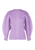 The MONTHLY COLORS : APRIL blouse by PLEATS PLEASE ISSEY MIYAKE features lavender fabric, long sculpted dolman sleeves, and a vertical pleated texture, shown on a plain white background. - LIGHT PURPLE （no.80）