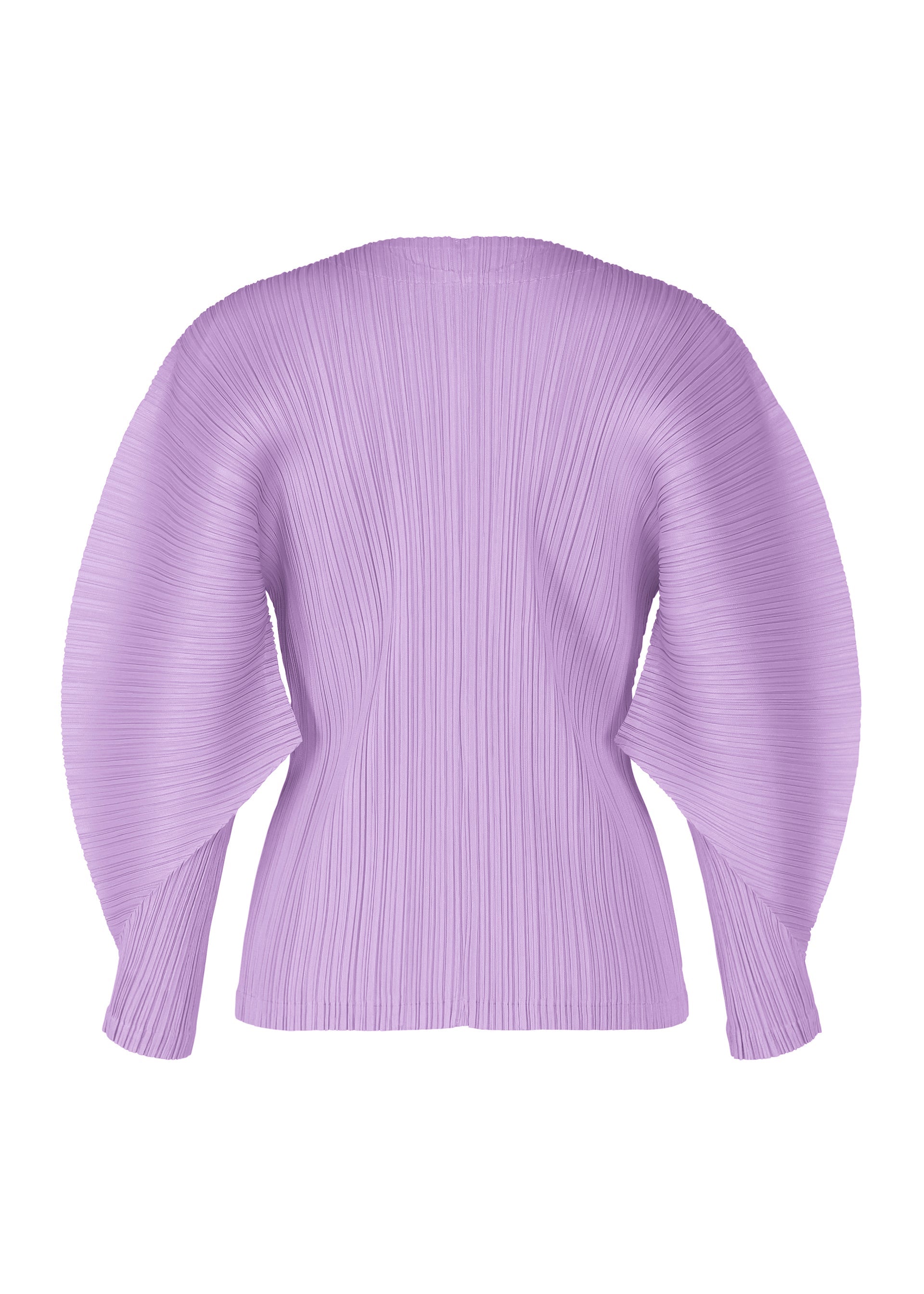 Zoomed view The MONTHLY COLORS : APRIL top by PLEATS PLEASE ISSEY MIYAKE features lavender pleats, voluminous dolman sleeves, and a fitted waist, displayed against a plain white background.