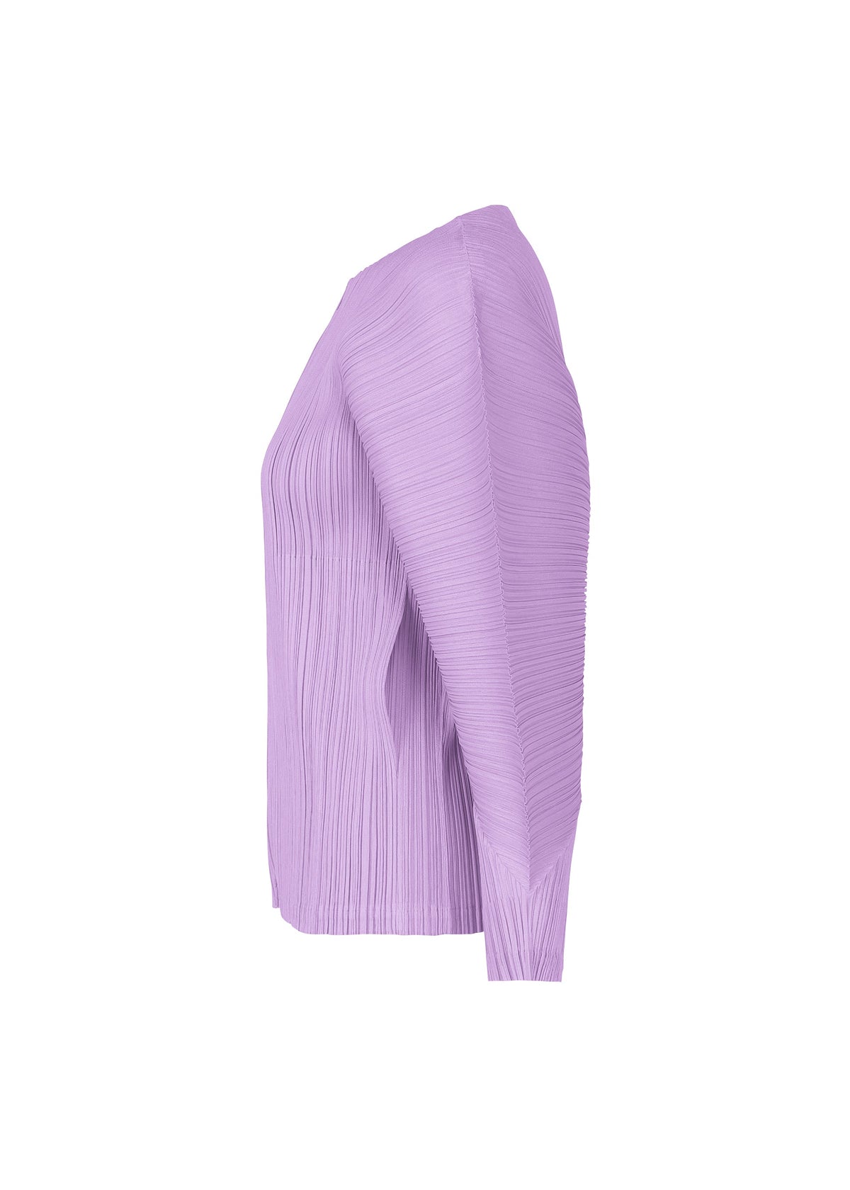 Side view of the MONTHLY COLORS : APRIL long-sleeved top by PLEATS PLEASE ISSEY MIYAKE, featuring dolman sleeves and pleated texture in light purple, displayed on a plain white background. view 7 of 11