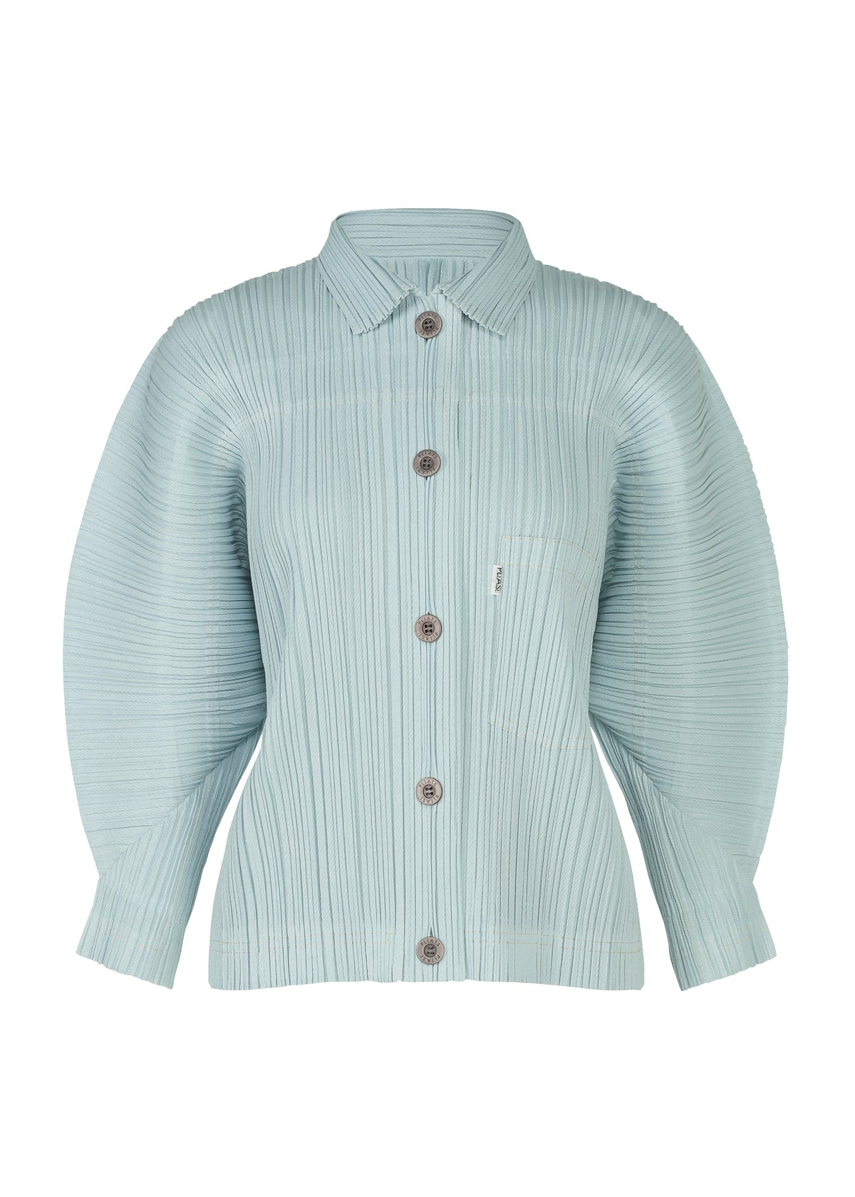 The COTTON DENIM shirt by PLEATS PLEASE ISSEY MIYAKE features a light blue, denim-inspired ribbed fabric, vertical pleats, voluminous long sleeves, large round buttons, chest pocket, and a pointed collar. view 2 of 8