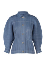 The COTTON DENIM shirt by PLEATS PLEASE ISSEY MIYAKE features long dolman sleeves, a single chest pocket, vertical stitching details, and a denim-inspired look. - BLUE (no.72)