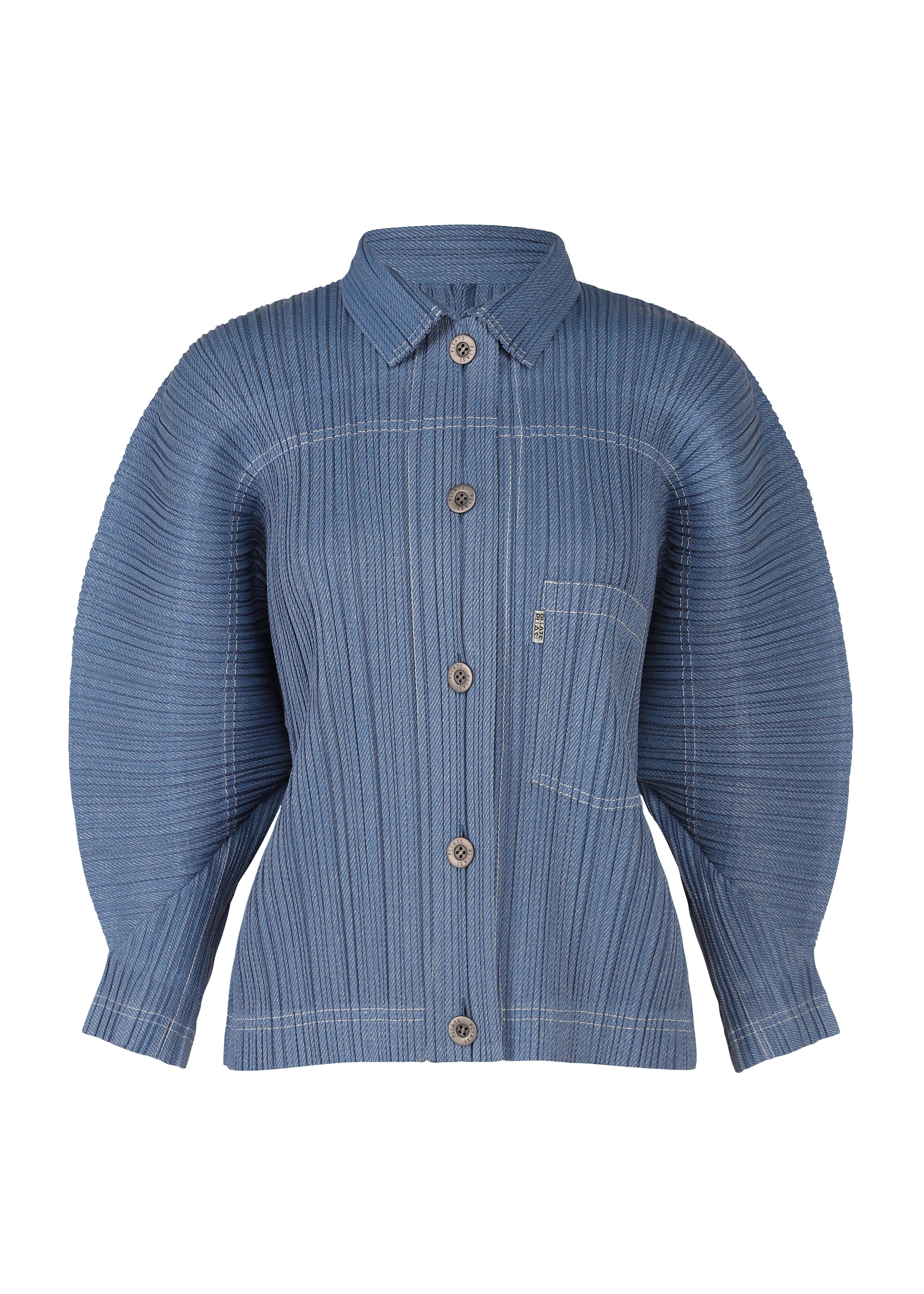 Zoomed view The COTTON DENIM shirt by PLEATS PLEASE ISSEY MIYAKE features long dolman sleeves, a single chest pocket, vertical stitching details, and a denim-inspired look. - BLUE (no.72)