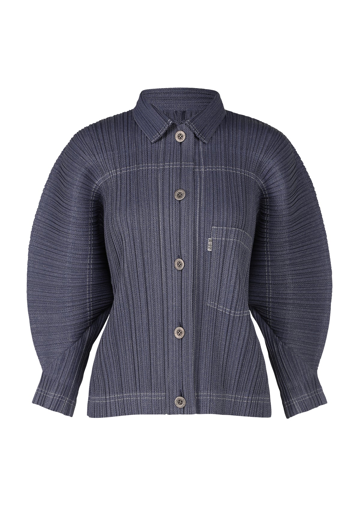 The COTTON DENIM shirt by PLEATS PLEASE ISSEY MIYAKE is a dark blue, denim-inspired button-up with wide dolman sleeves, pointed collar, front pocket, and visible white stitching. view 1 of 8