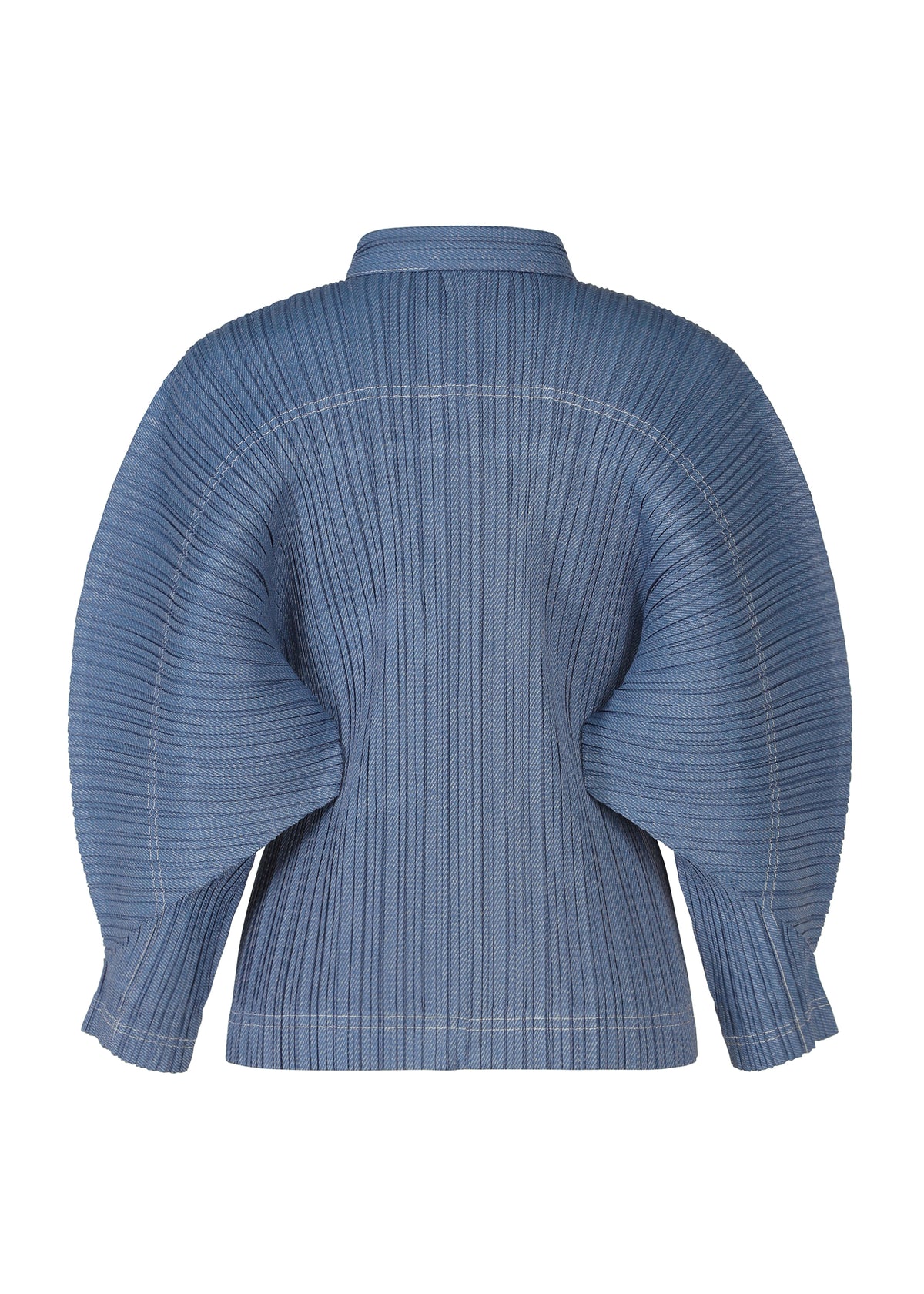 The COTTON DENIM jacket by PLEATS PLEASE ISSEY MIYAKE features blue, structured dolman sleeves, visible seam details, and a denim-inspired look, shown from the back against a white background. view 5 of 8