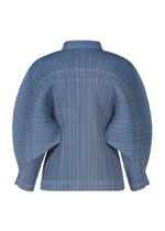 The COTTON DENIM jacket by PLEATS PLEASE ISSEY MIYAKE features blue, structured dolman sleeves, visible seam details, and a denim-inspired look, shown from the back against a white background.