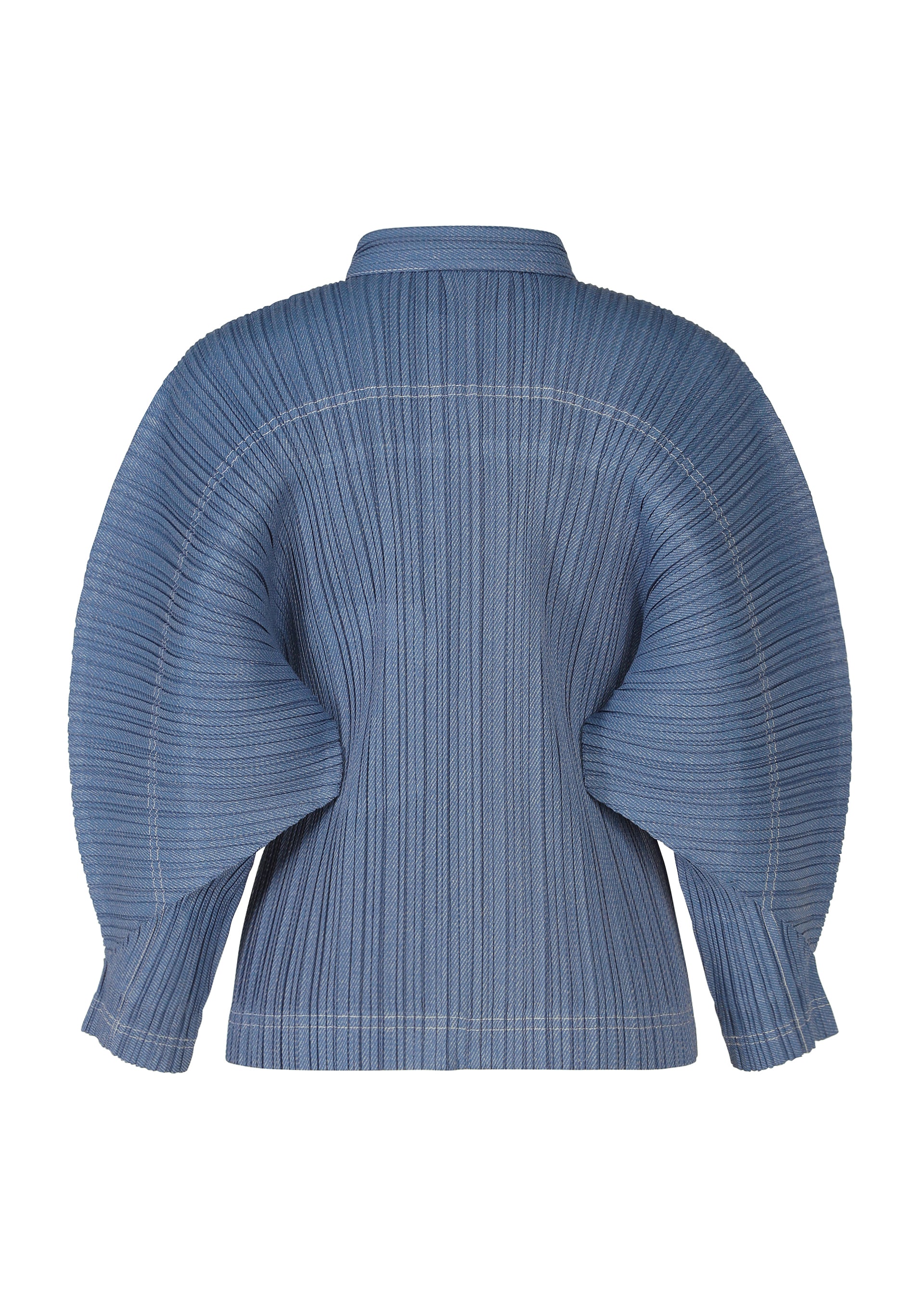 Zoomed view The COTTON DENIM jacket by PLEATS PLEASE ISSEY MIYAKE features blue, structured dolman sleeves, visible seam details, and a denim-inspired look, shown from the back against a white background.