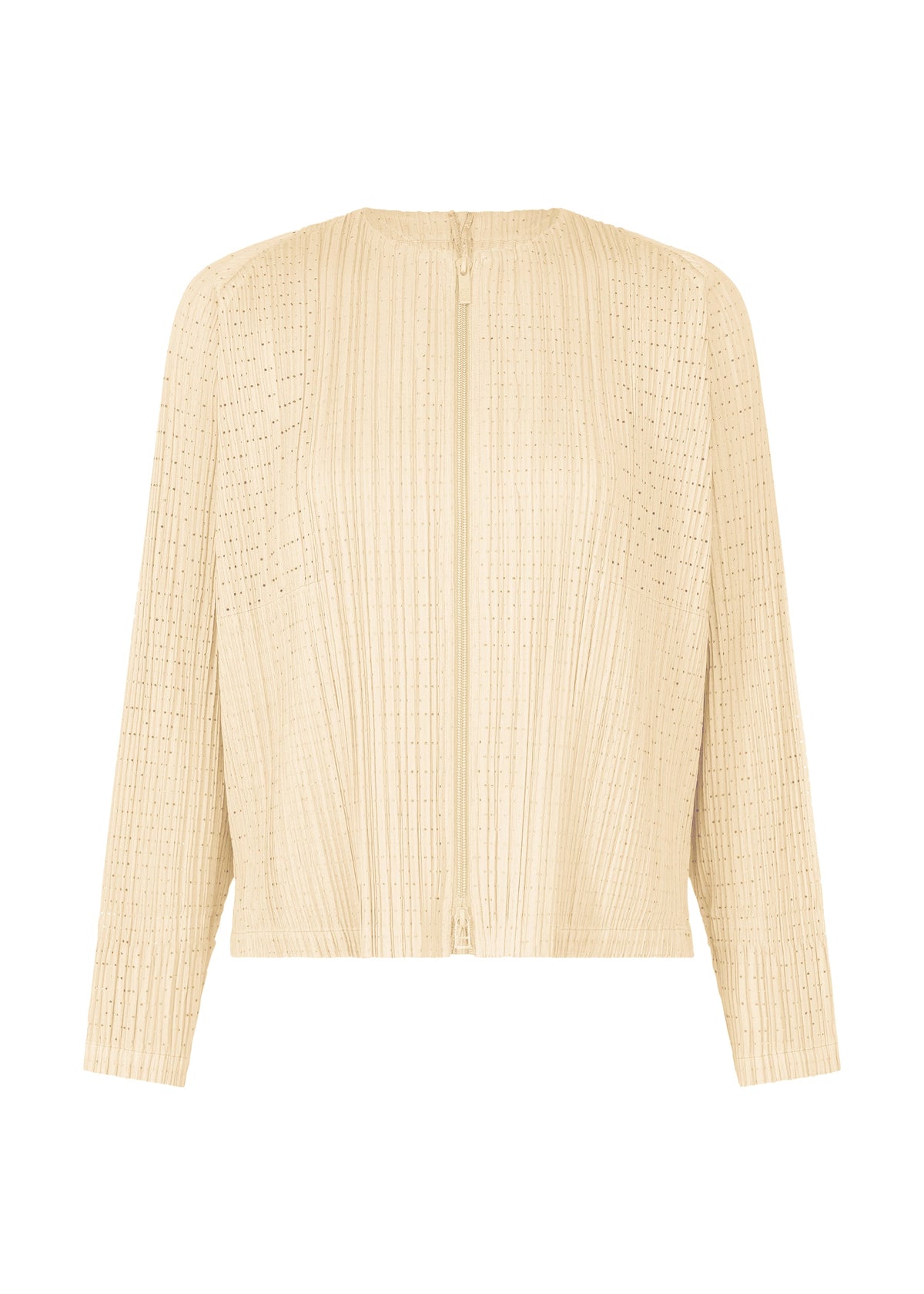 STARDUST by PLEATS PLEASE ISSEY MIYAKE is a cream long-sleeve mesh jacket with a round neck, vertical pleats, front zipper, and delicate matte-textured fabric for an elegant look. view 1 of 11