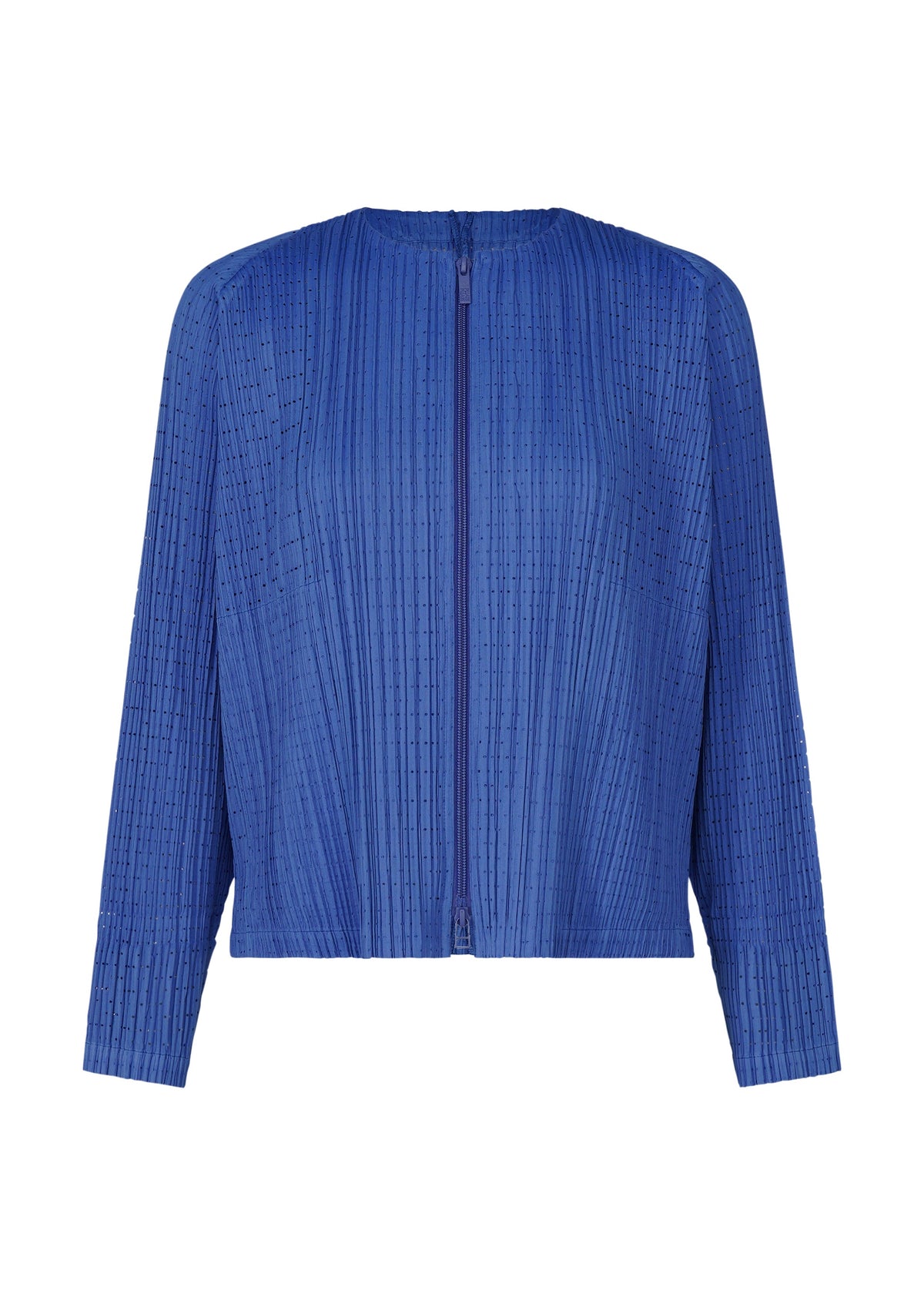 The STARDUST jacket by PLEATS PLEASE ISSEY MIYAKE, featuring long sleeves, royal blue pleats, a voluminous fit, front zipper, and round neckline, is displayed against a white background. view 2 of 11